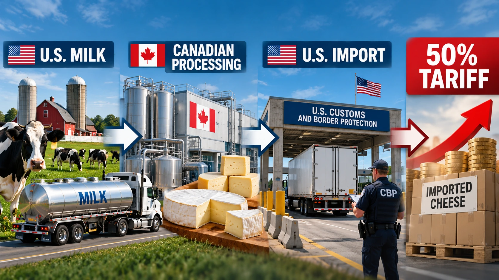 Cross-border supply chain showing milk from a New York dairy farm processed into cheese in Canada and imported back into the United States
