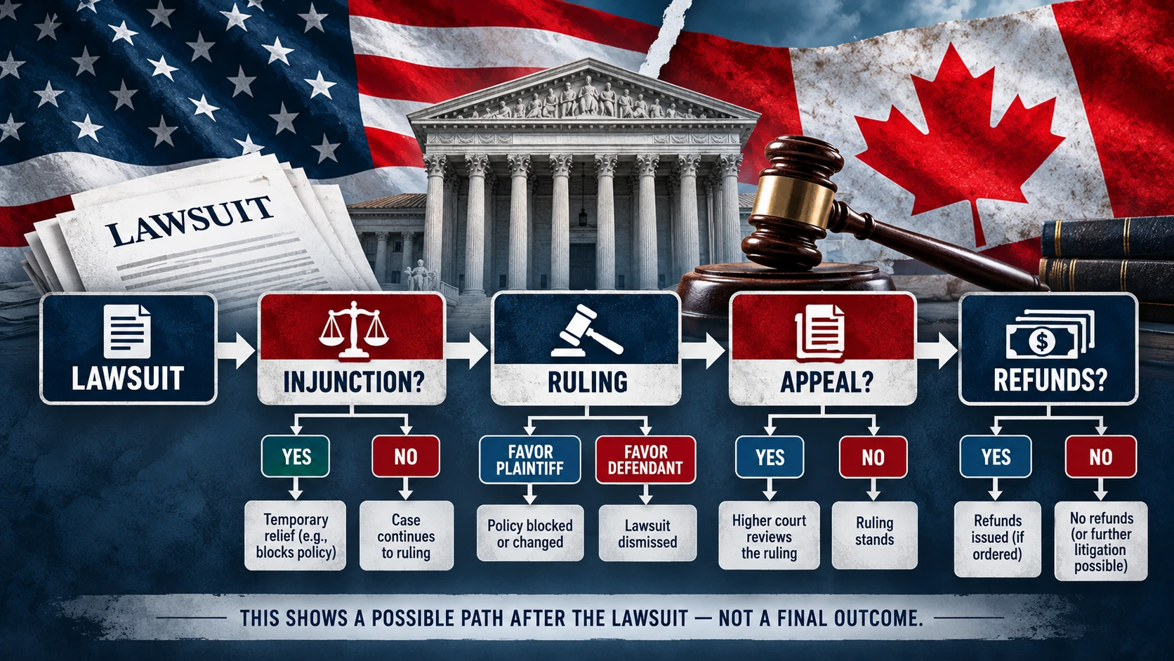 Conditional flowchart showing possible stages of the Gellert tariff lawsuit, including preliminary relief, a court ruling, appeals, and potential refunds