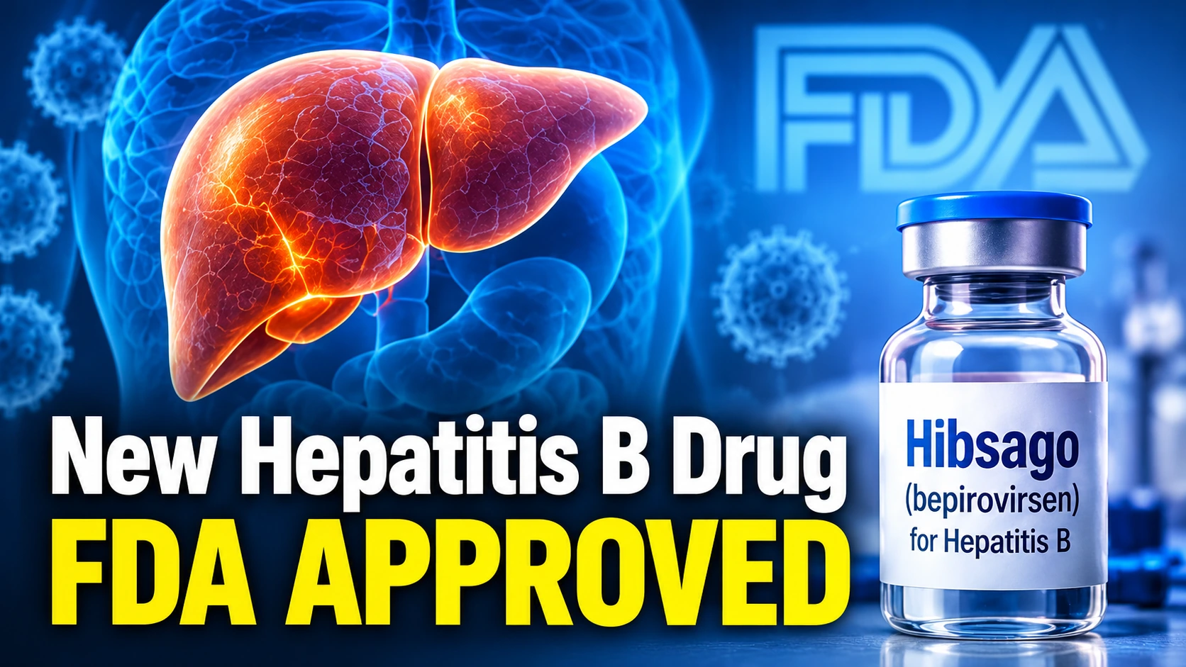 Medical editorial illustration of a human liver, hepatitis B virus particles, and a new injectable treatment offering hope for sustained viral control