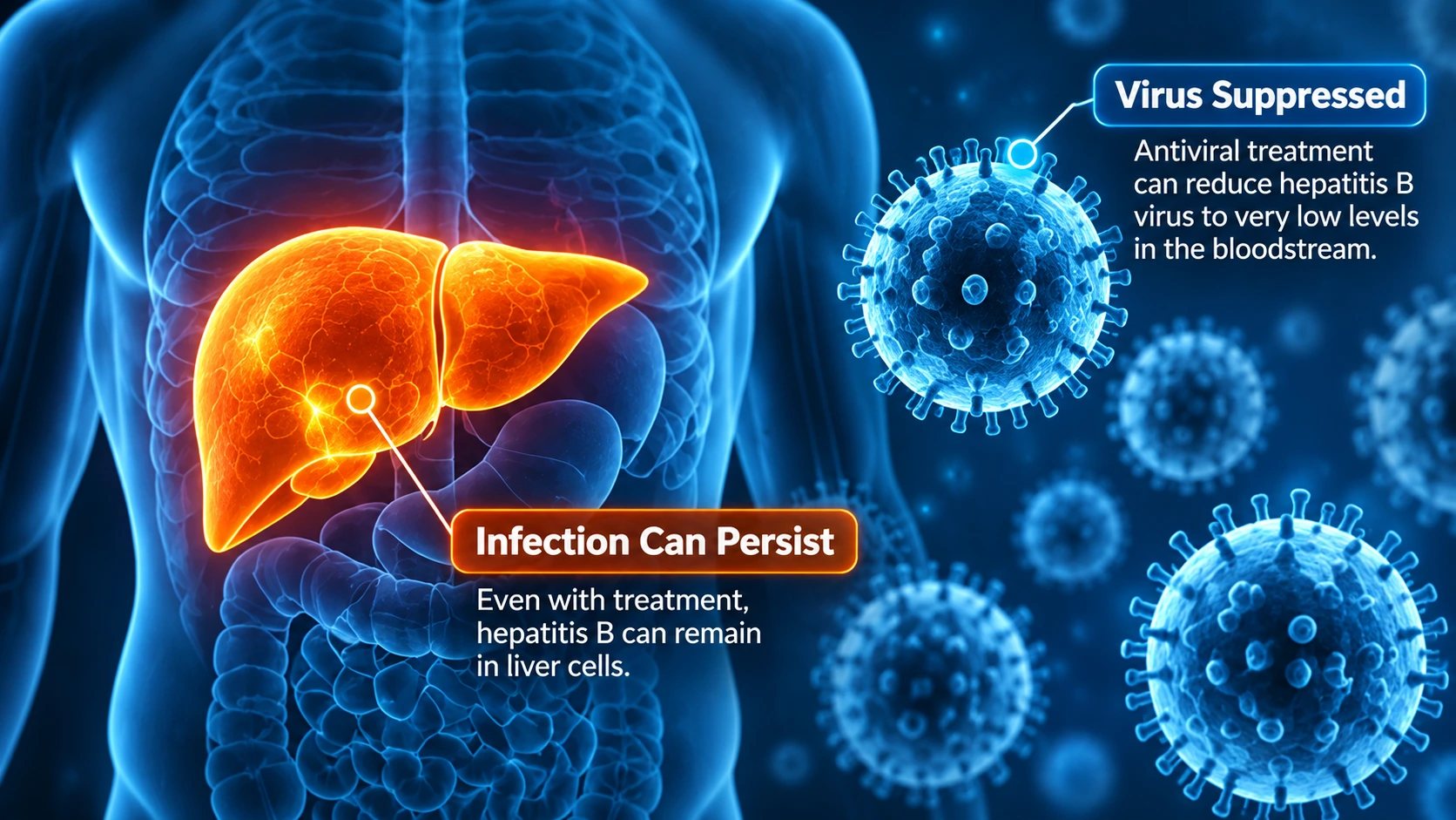 Medical infographic showing how standard hepatitis B antiviral treatment suppresses viral replication while persistent infection remains in liver cells
