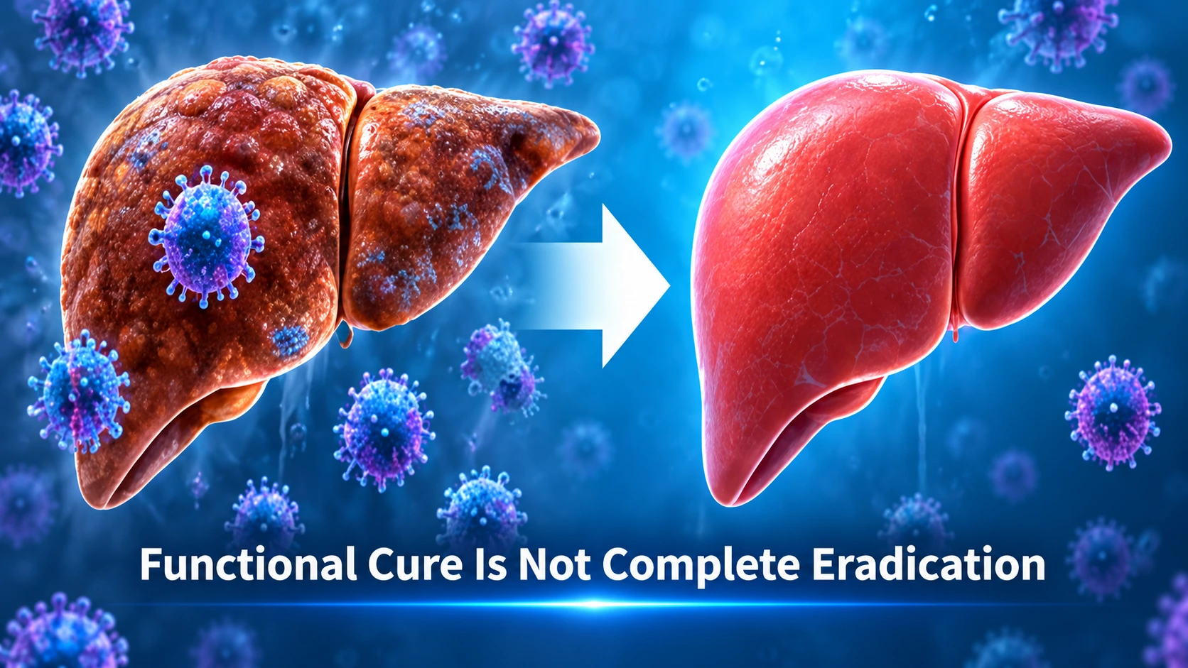 Medical comparison showing viral suppression during hepatitis B treatment, sustained functional cure after treatment, and complete viral eradication as distinct concepts