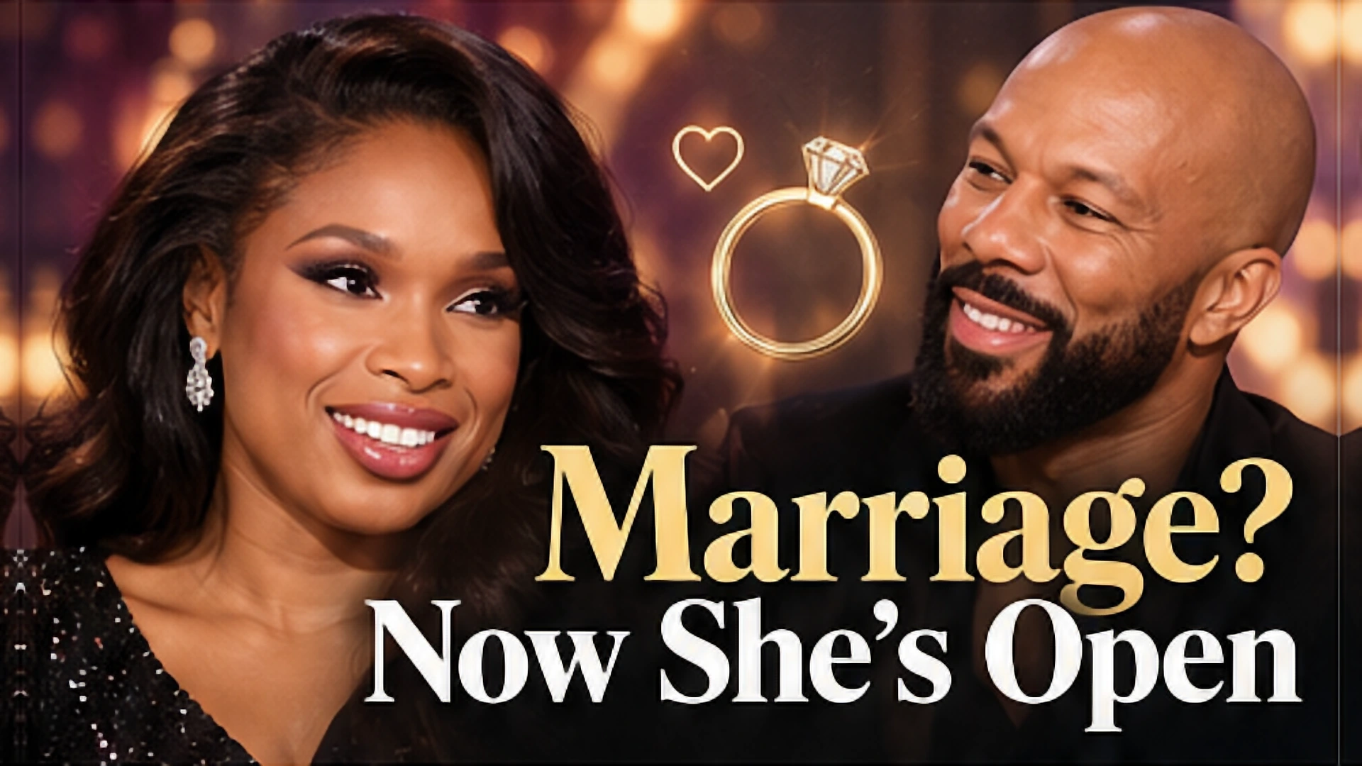 Editorial illustration of Jennifer Hudson and Common smiling together with a subtle engagement ring symbol representing questions about their future
