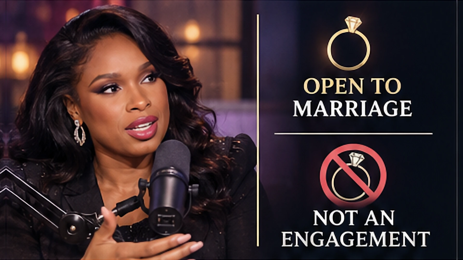 Editorial illustration contrasting Jennifer Hudson discussing marriage on a podcast with a symbolic question about a possible future wedding