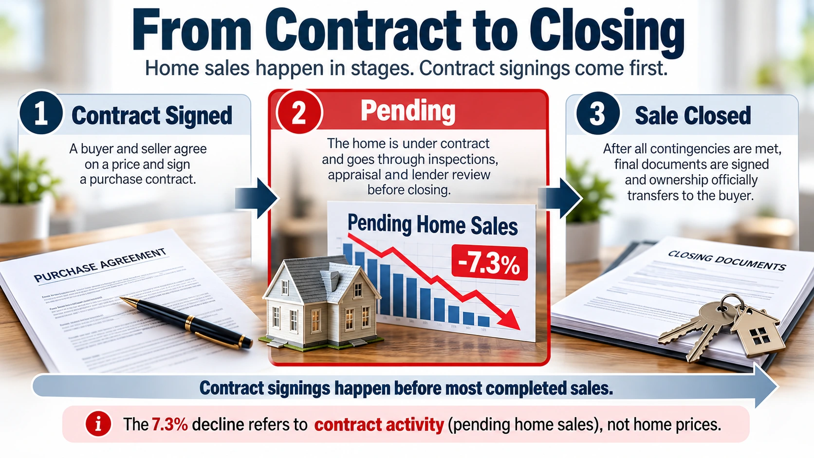 Infographic showing the difference between signing a home purchase contract and completing a home sale