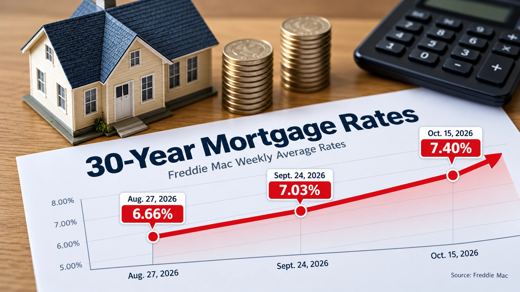 Timeline showing U.S. 30-year mortgage rates rising from 6.66% in late August to 7.40% in mid-October 2026