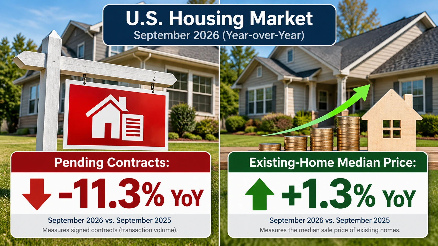 Housing market infographic comparing record-low pending home sales with relatively resilient home prices