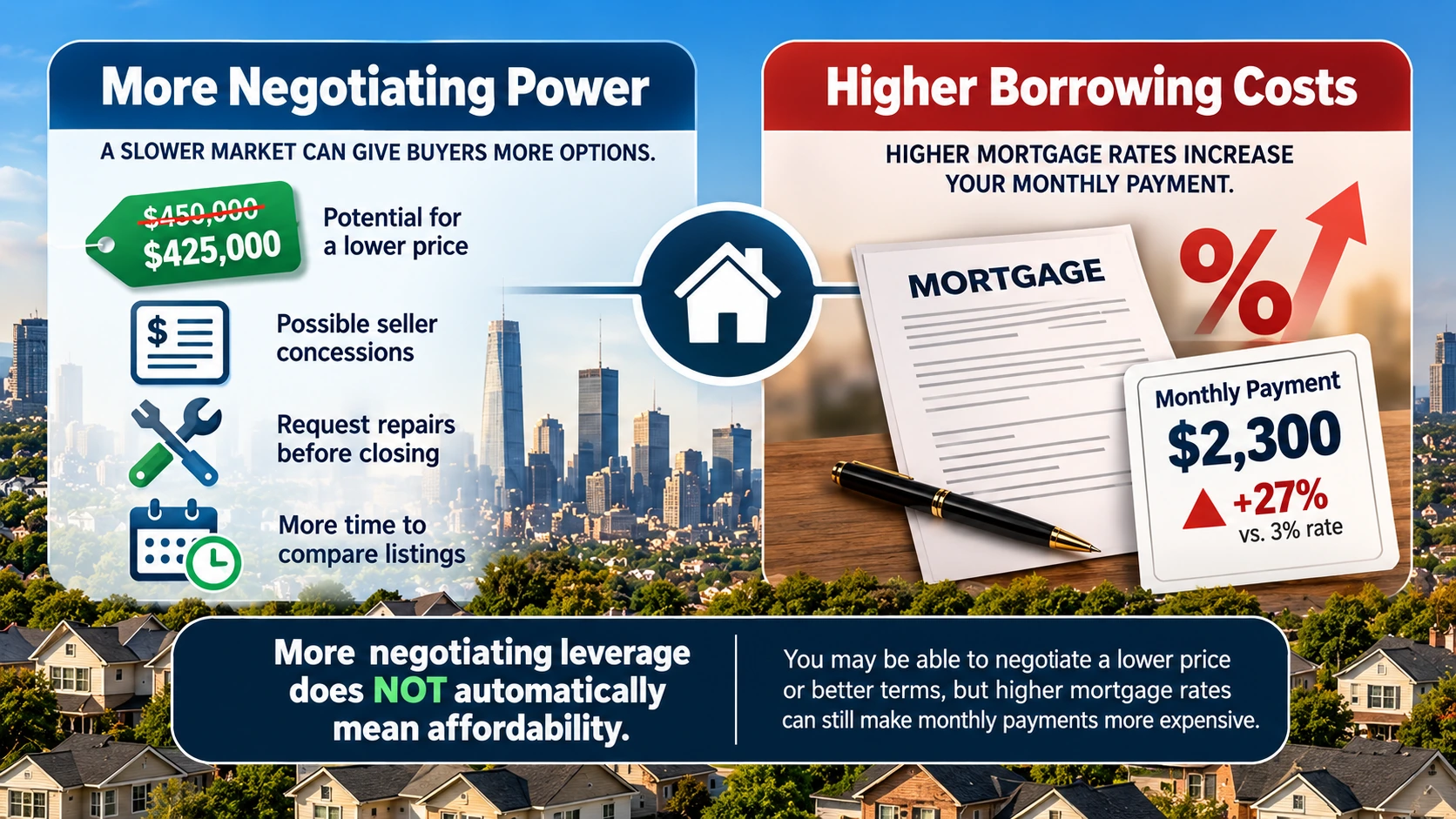 Comparison infographic showing how homebuyers can gain negotiating leverage while still facing high mortgage payments