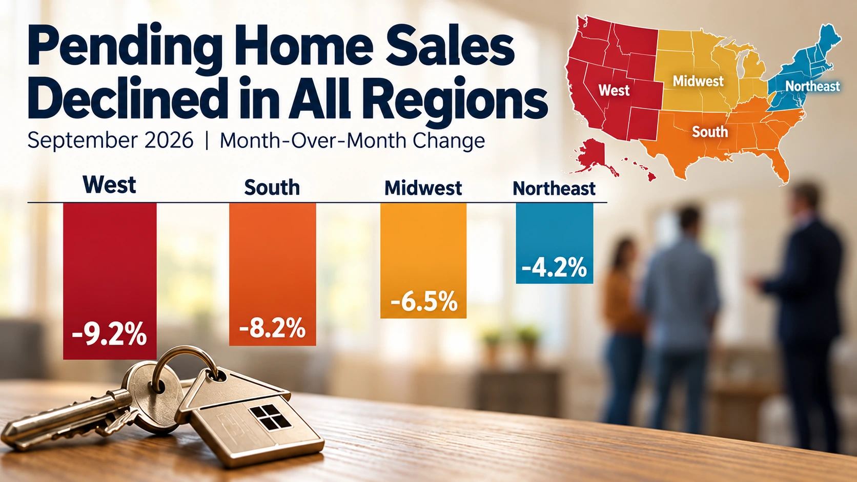 U.S. regional bar chart comparing September 2026 monthly pending home sales declines in the Northeast, Midwest, South and West
