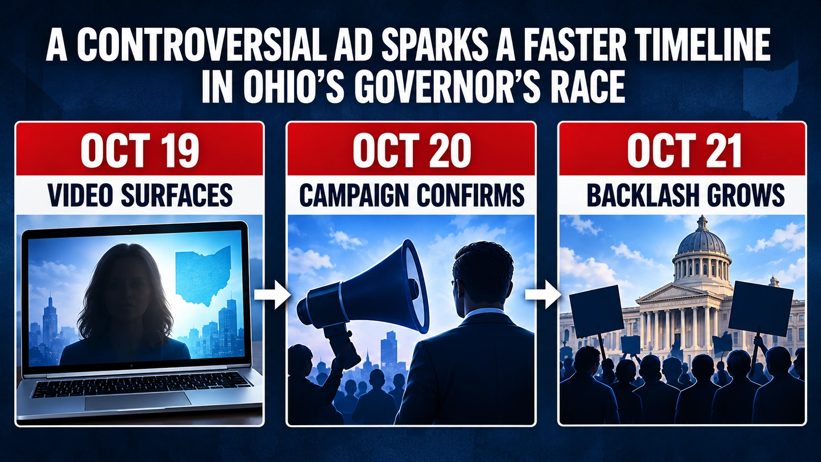 Timeline showing how the Amy Acton campaign ad surfaced on October 19, was acknowledged by Ramaswamy on October 20, and triggered Republican debate on October 21, 2026