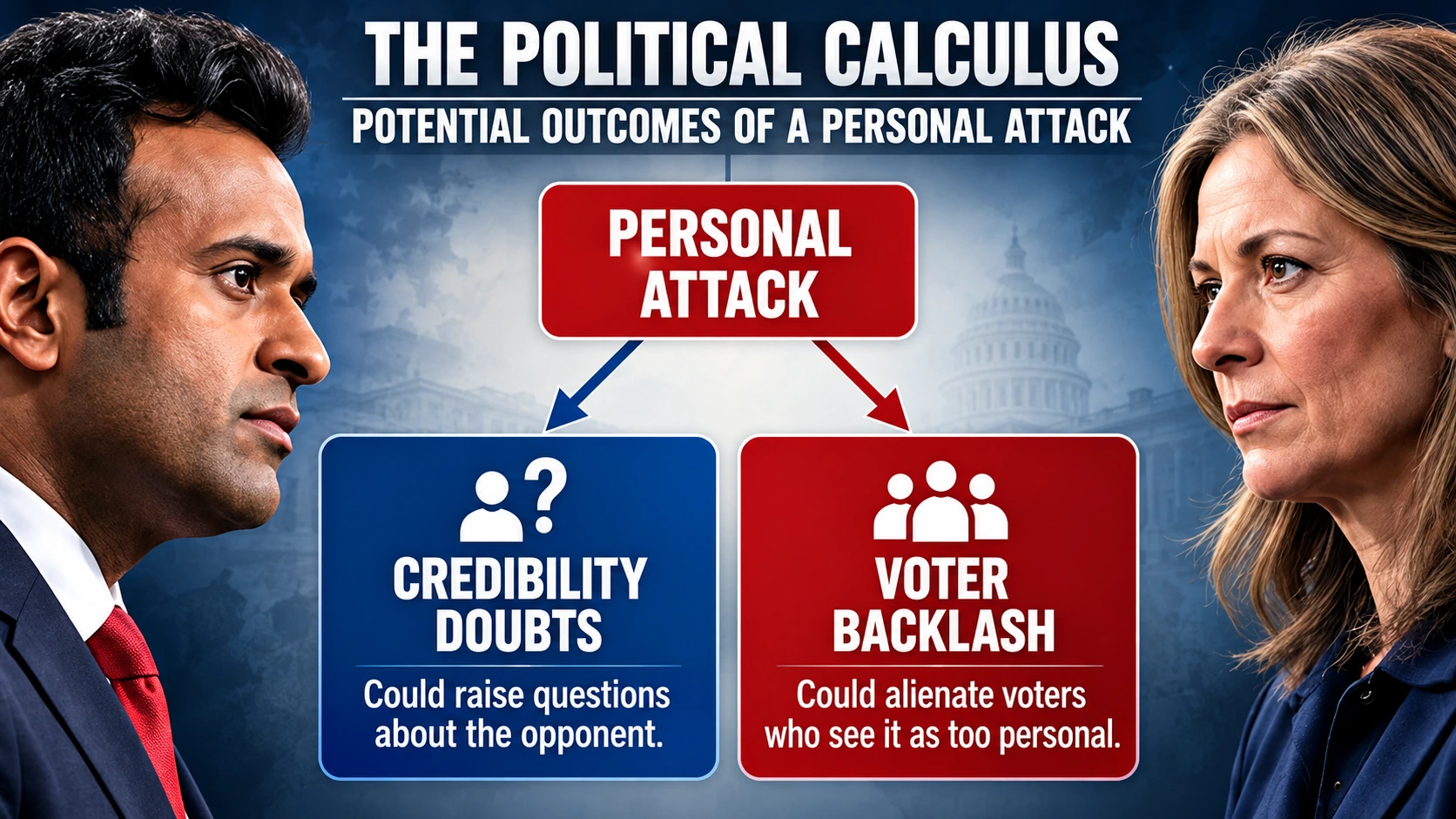 Political strategy diagram showing how an intensely personal attack ad could either raise doubts about a candidate or create sympathy for the targeted candidate