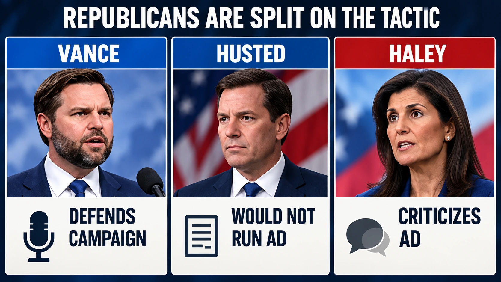 Infographic comparing JD Vance's defense of Ramaswamy's attack ad with criticism from Republican figures including Jon Husted and Nikki Haley