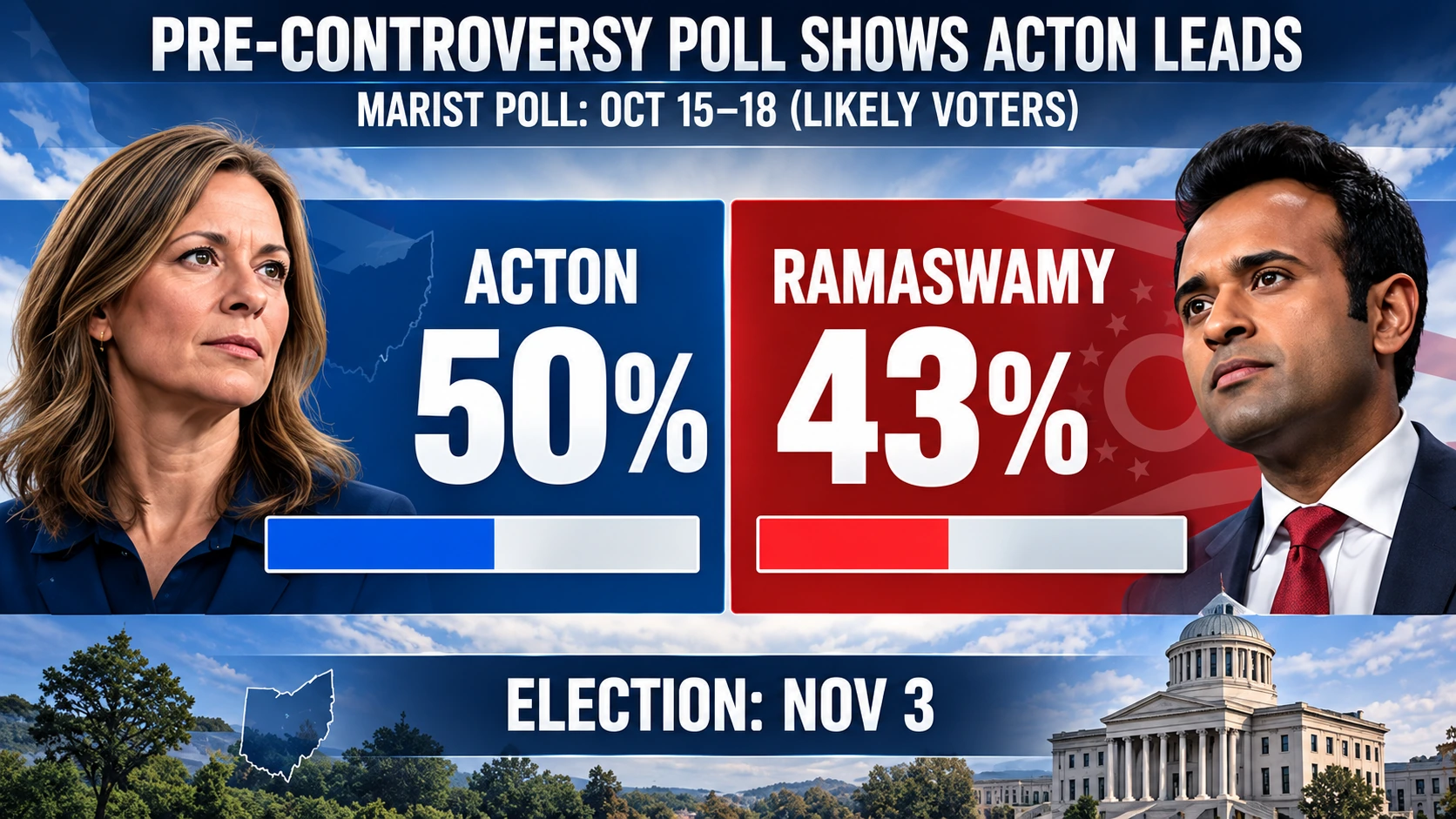 Chart showing Amy Acton at 50 percent and Vivek Ramaswamy at 43 percent in an October 15–18, 2026 Marist Poll of likely Ohio voters