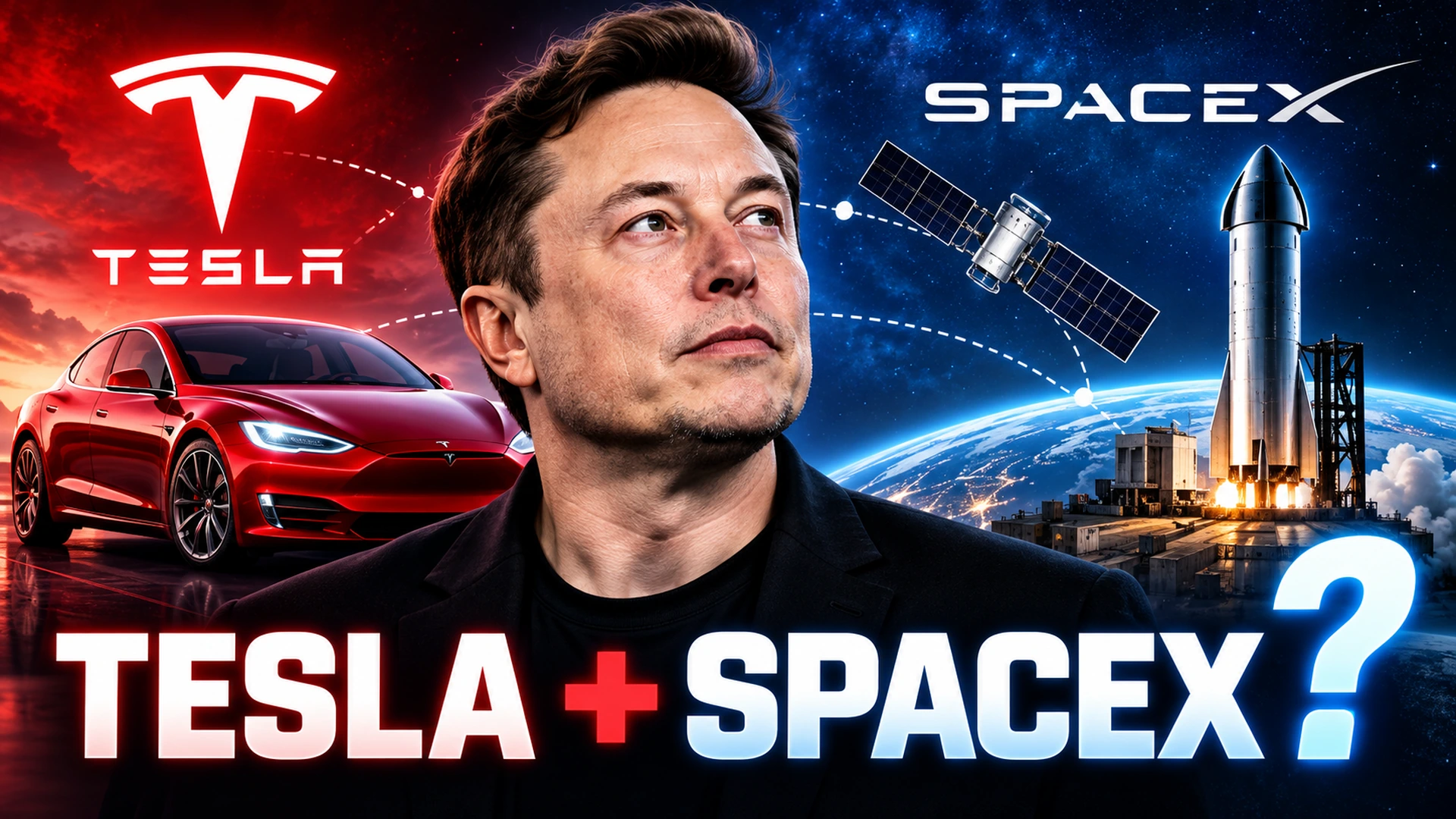 Editorial illustration of Elon Musk between a Tesla electric car and a SpaceX rocket, representing a potential merger between the companies
