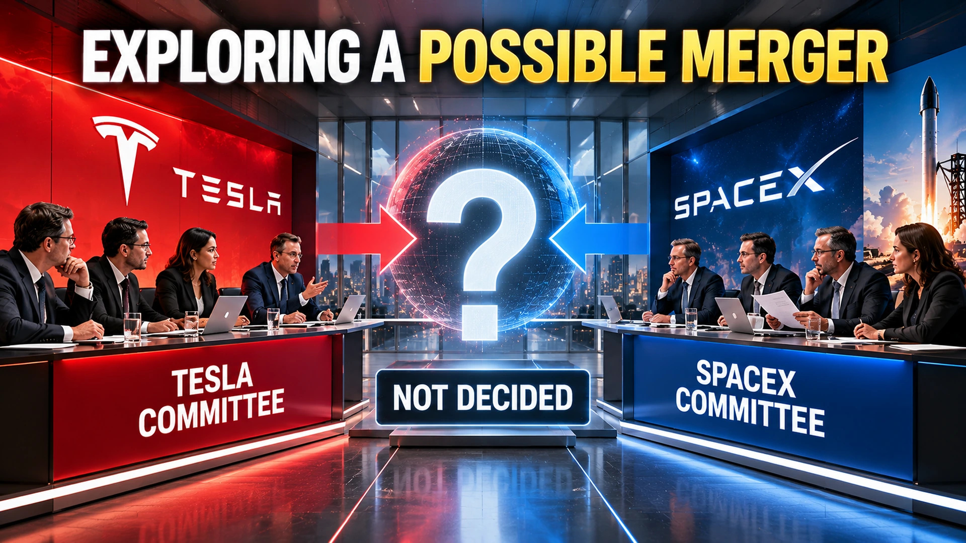 Diagram showing independent Tesla and SpaceX board committees evaluating a possible merger before any agreement or shareholder vote