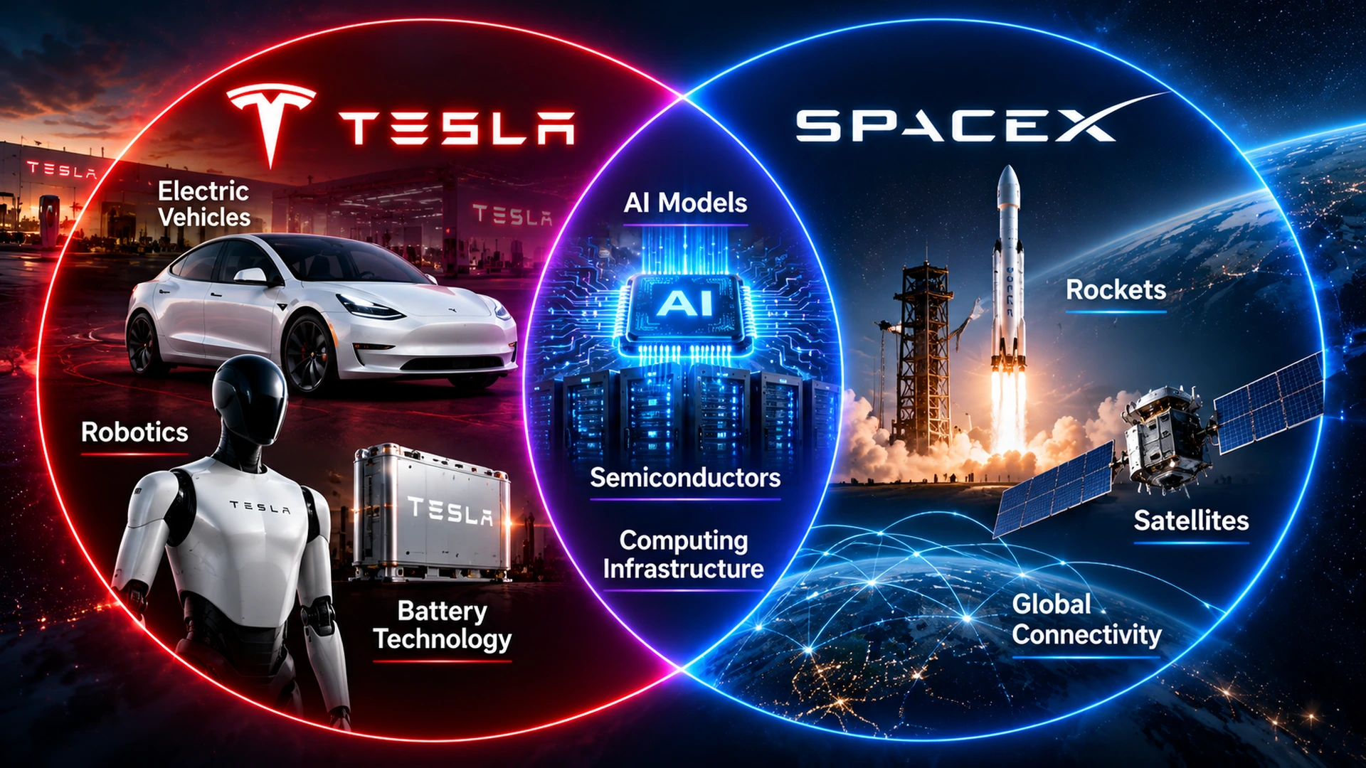 Technology overlap diagram connecting Tesla electric vehicles, robotics and batteries with SpaceX satellites, rockets and artificial intelligence infrastructure