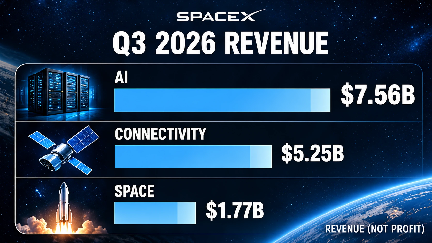 Infographic showing SpaceX third-quarter 2026 revenue divided among artificial intelligence, connectivity and space operations