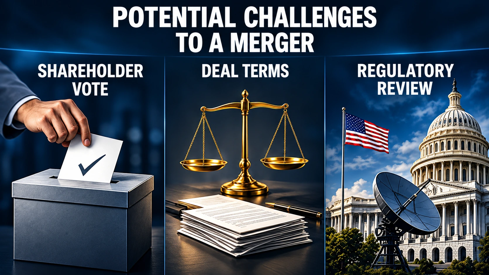 Infographic showing shareholder approval, transaction valuation and regulatory review as three potential obstacles to a Tesla-SpaceX merger