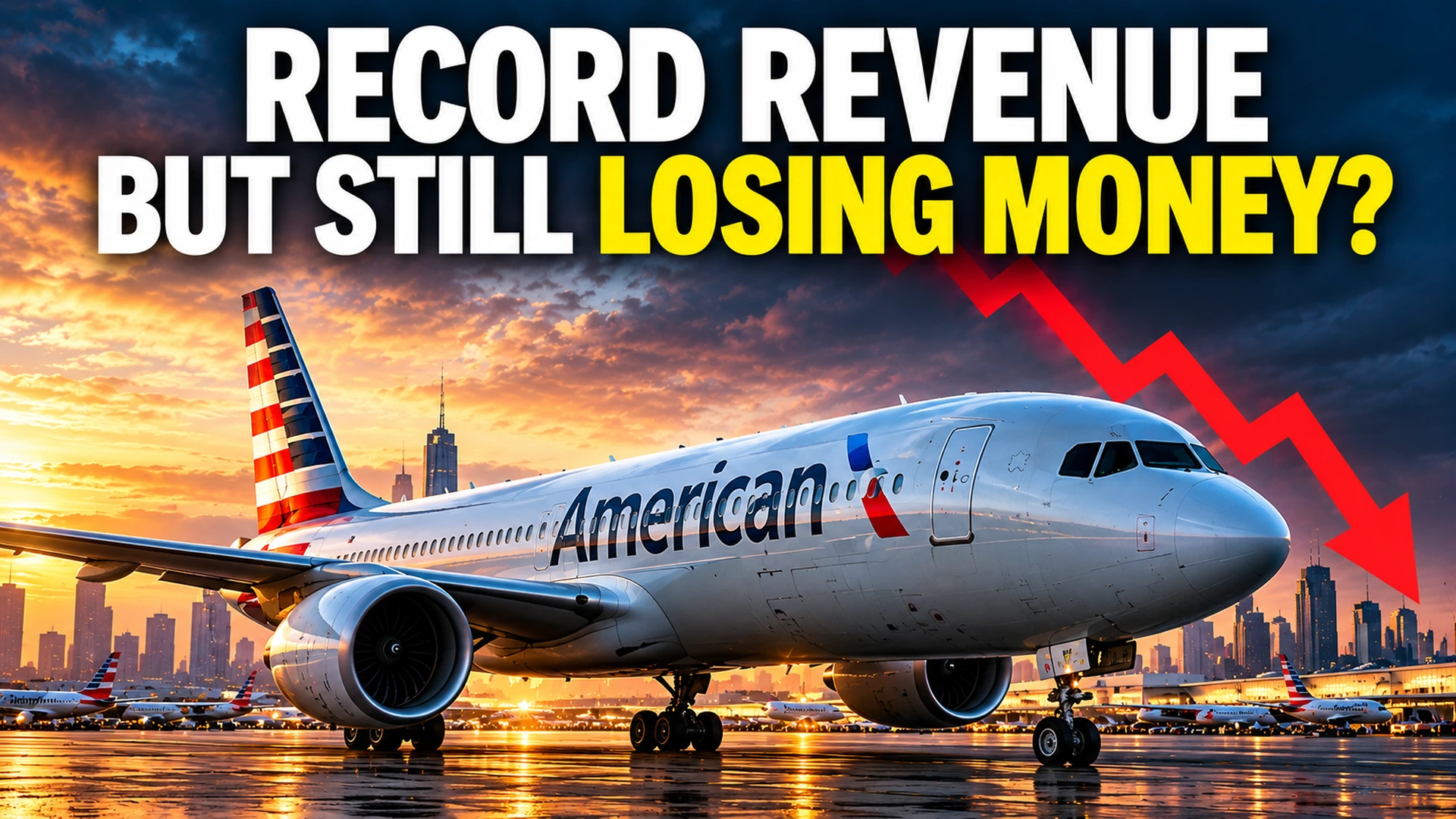 Editorial illustration of an American Airlines jet beside rising jet fuel costs and a contrasting revenue and loss graphic