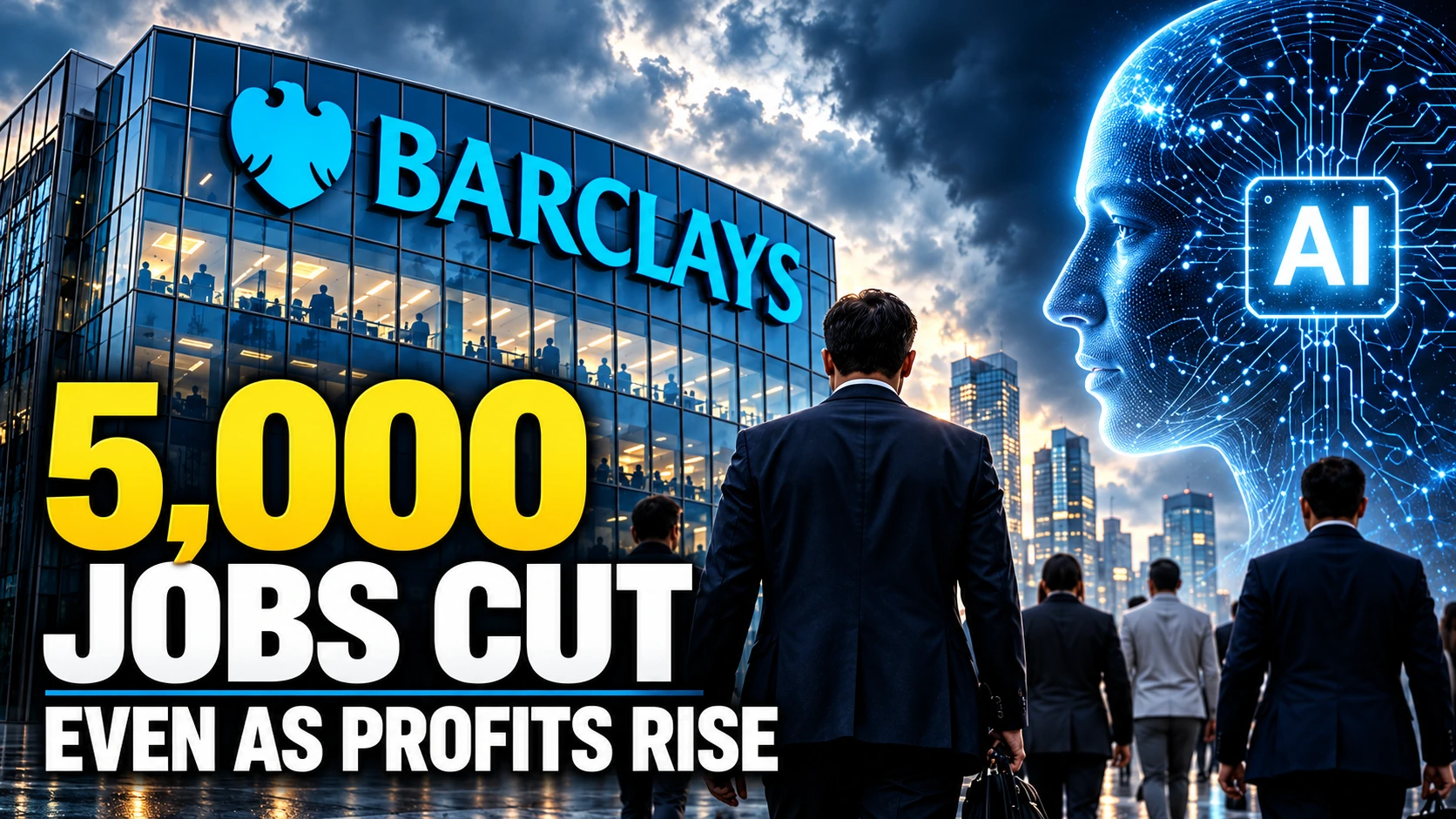 Editorial illustration of Barclays headquarters alongside an AI technology graphic and a prominent 5,000 job cuts headline