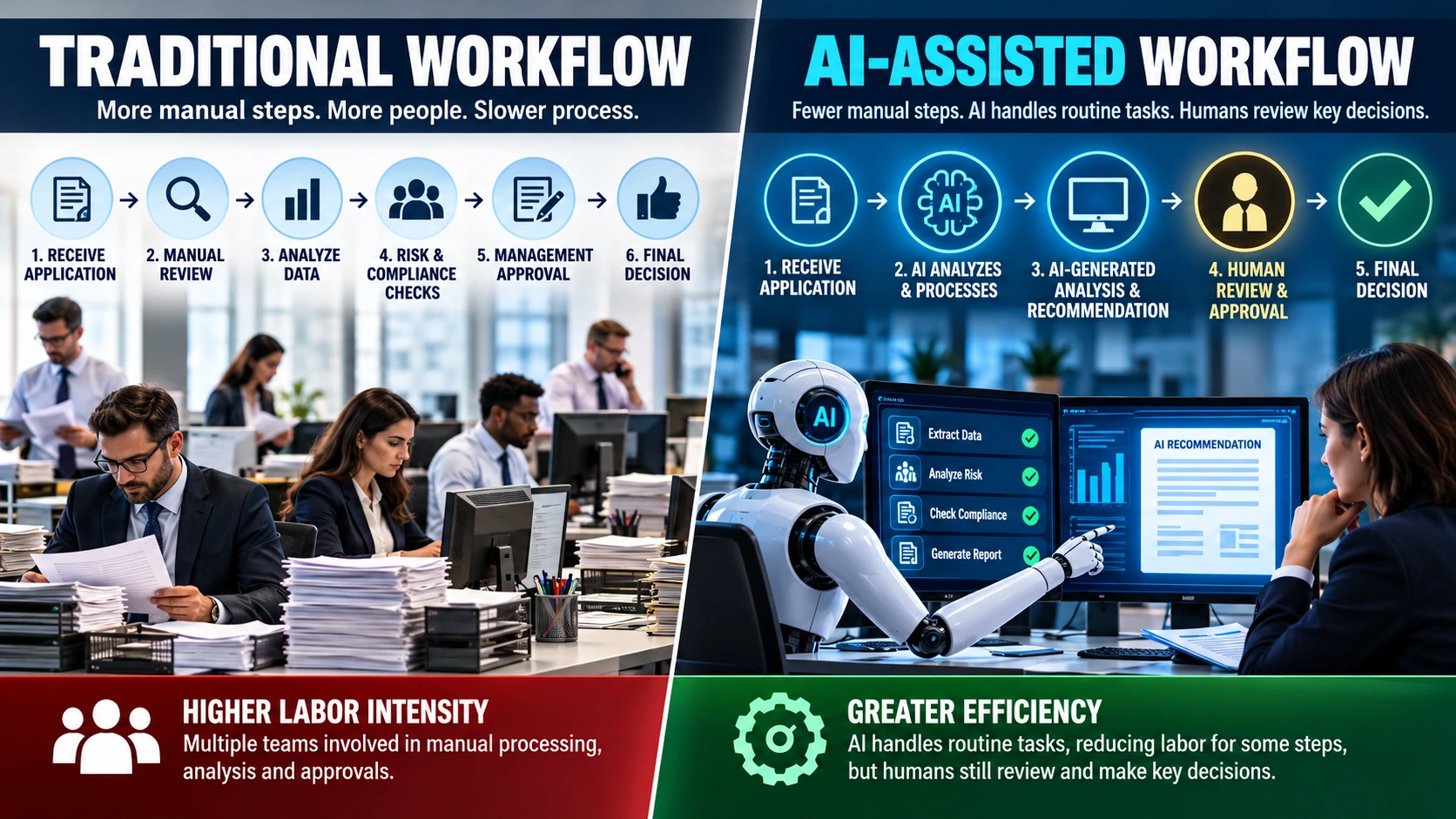 Diagram comparing traditional banking workflows with processes supported by AI, automation, and human review