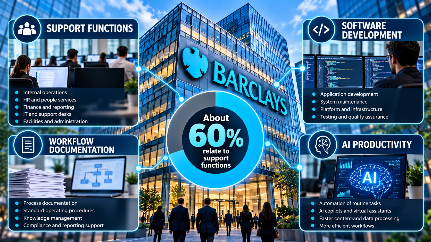 Infographic illustrating support functions affected by Barclays restructuring, including software development and other operational roles