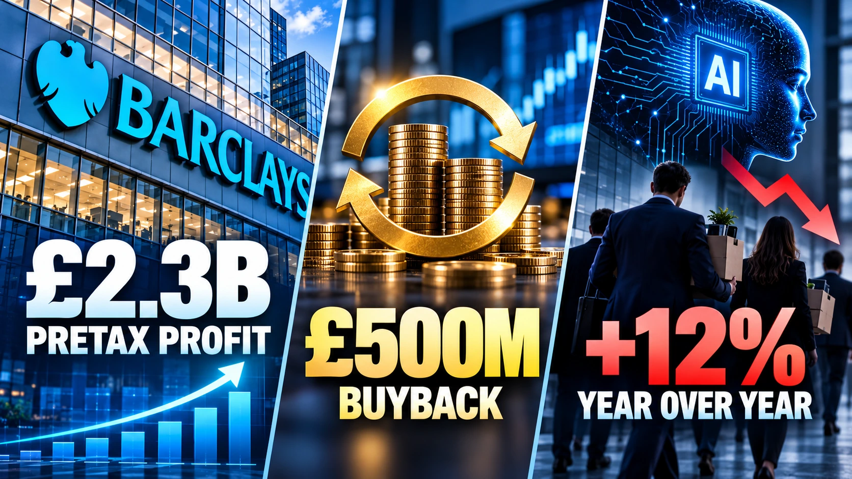 Financial infographic showing Barclays third-quarter pretax profit growth of 12%, a £2.3 billion profit figure, and a £500 million share buyback