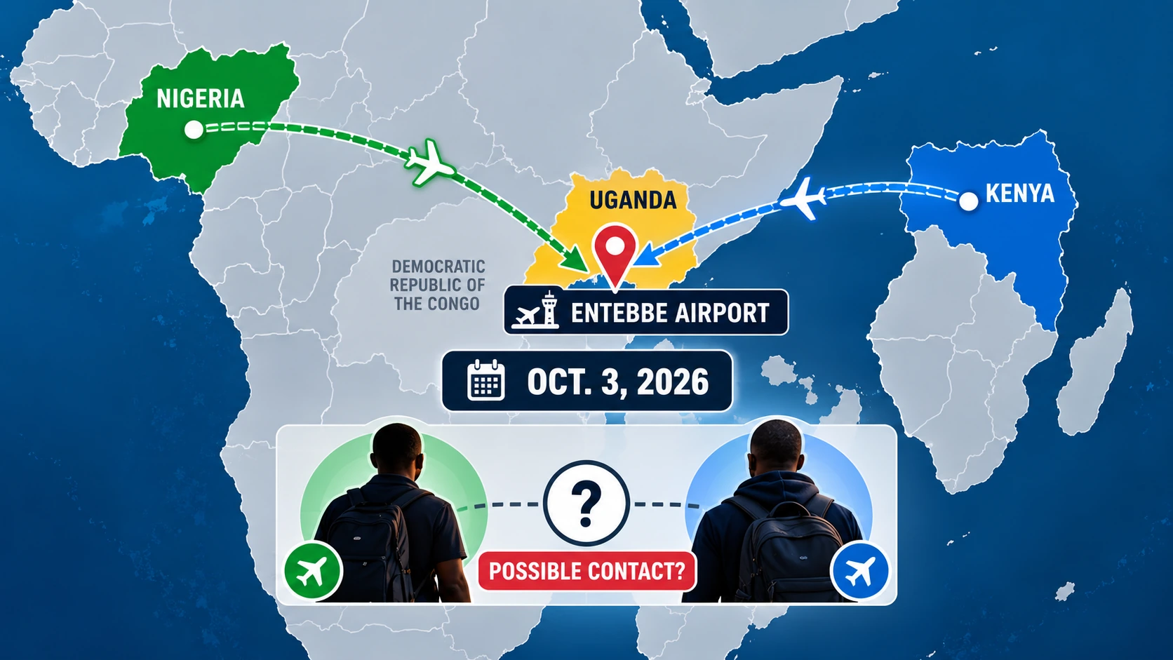 Map highlighting Uganda's Entebbe International Airport and the separate travel routes associated with Ebola cases in Nigeria and Kenya