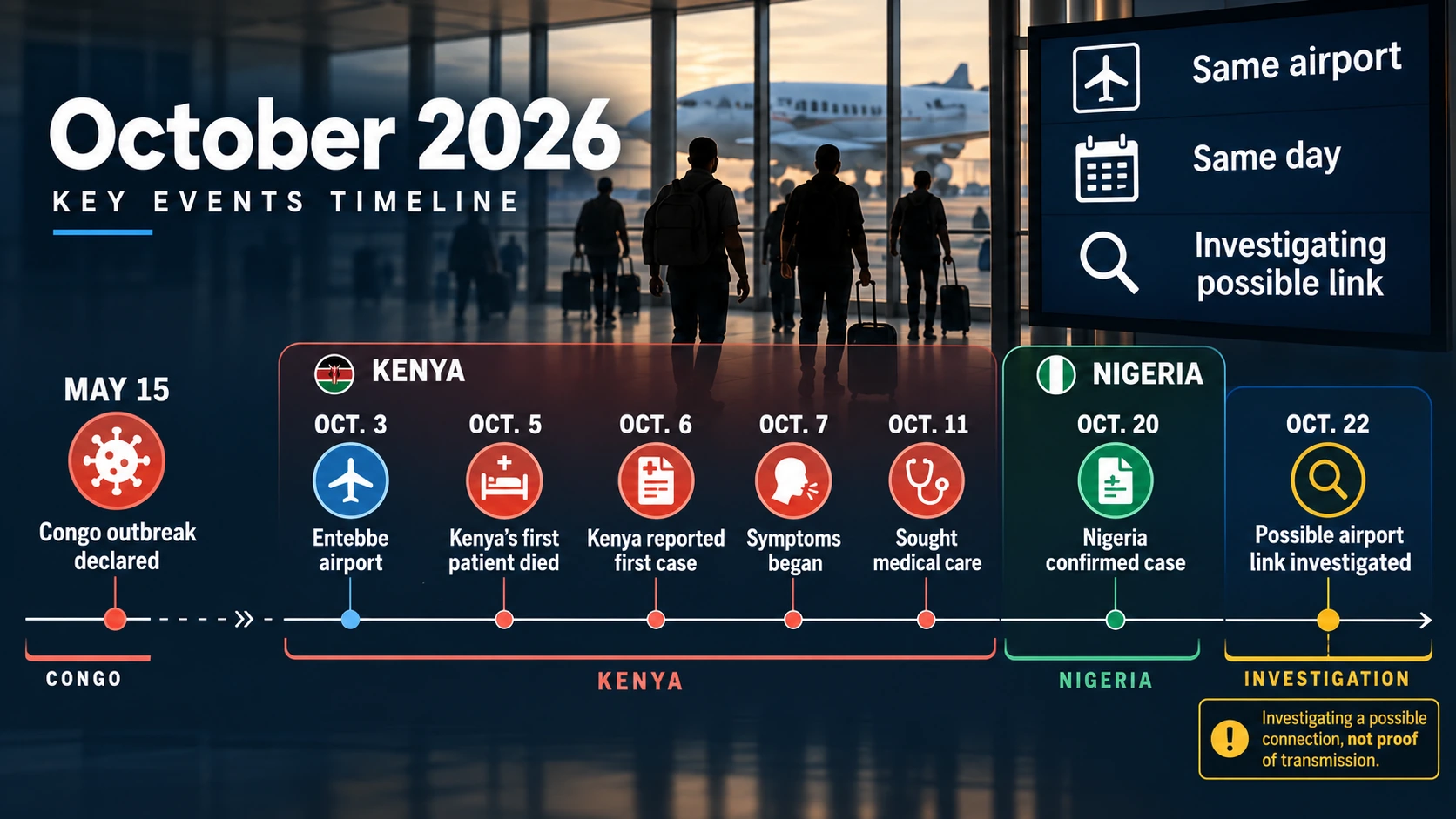 Timeline of October 2026 Ebola developments involving travelers through Uganda, Kenya's first case, Nigeria's diagnosis, and the airport investigation