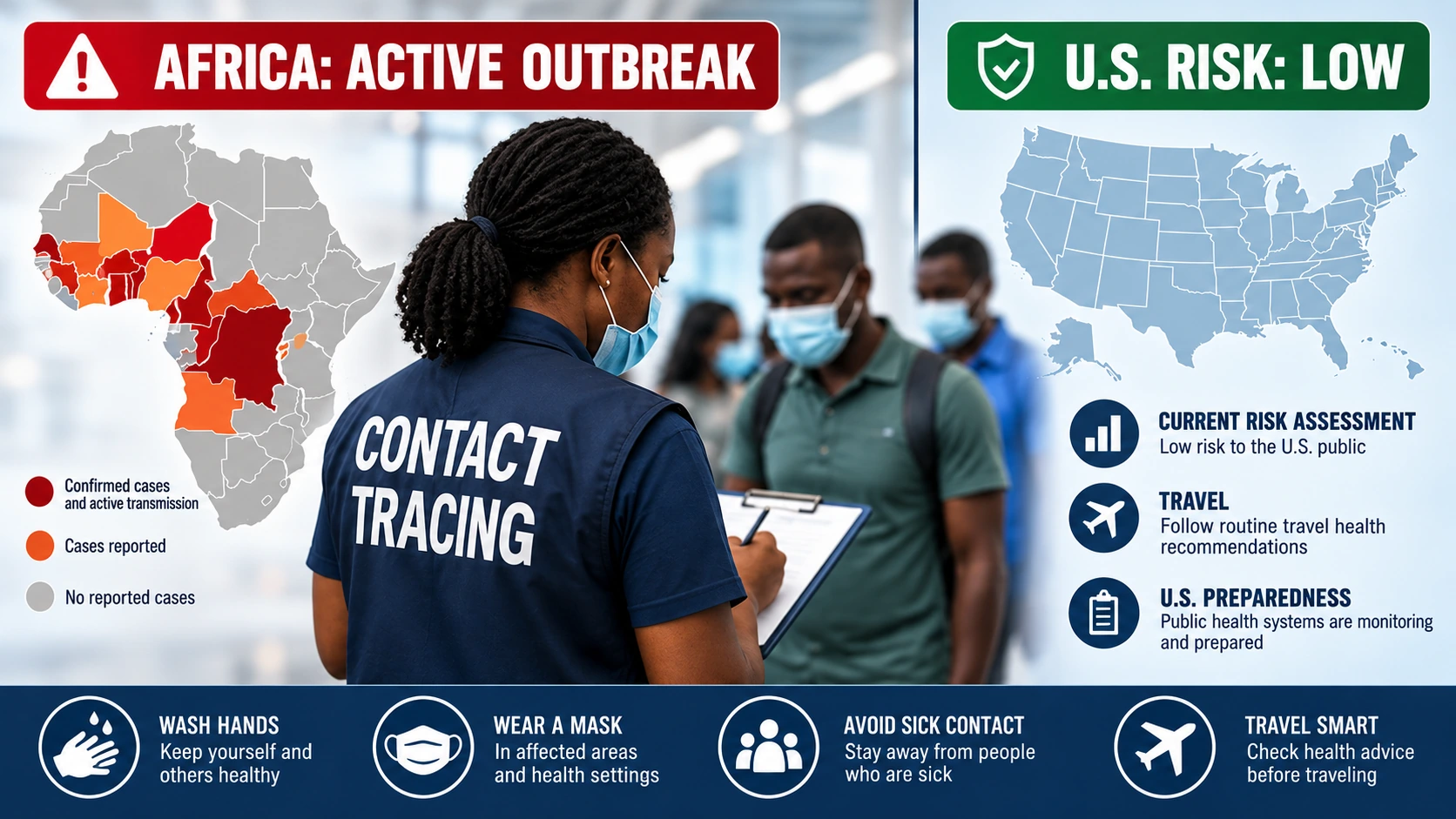 Public health infographic contrasting the severe Ebola outbreak in Central Africa with the CDC's low risk assessment for the general United States population