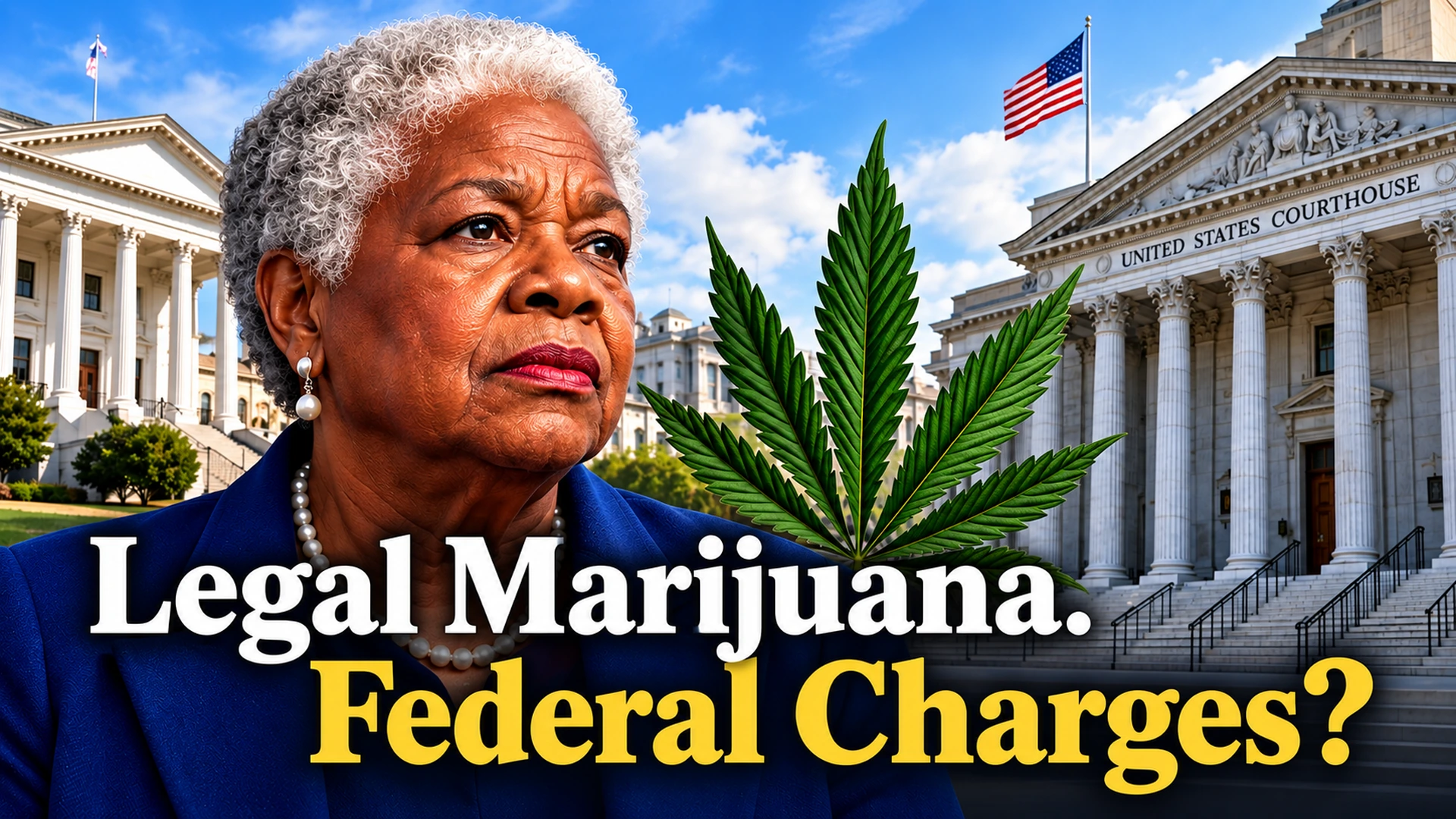Editorial illustration of Virginia Senator Louise Lucas beside the Virginia State Capitol, federal courthouse imagery, and a cannabis leaf
