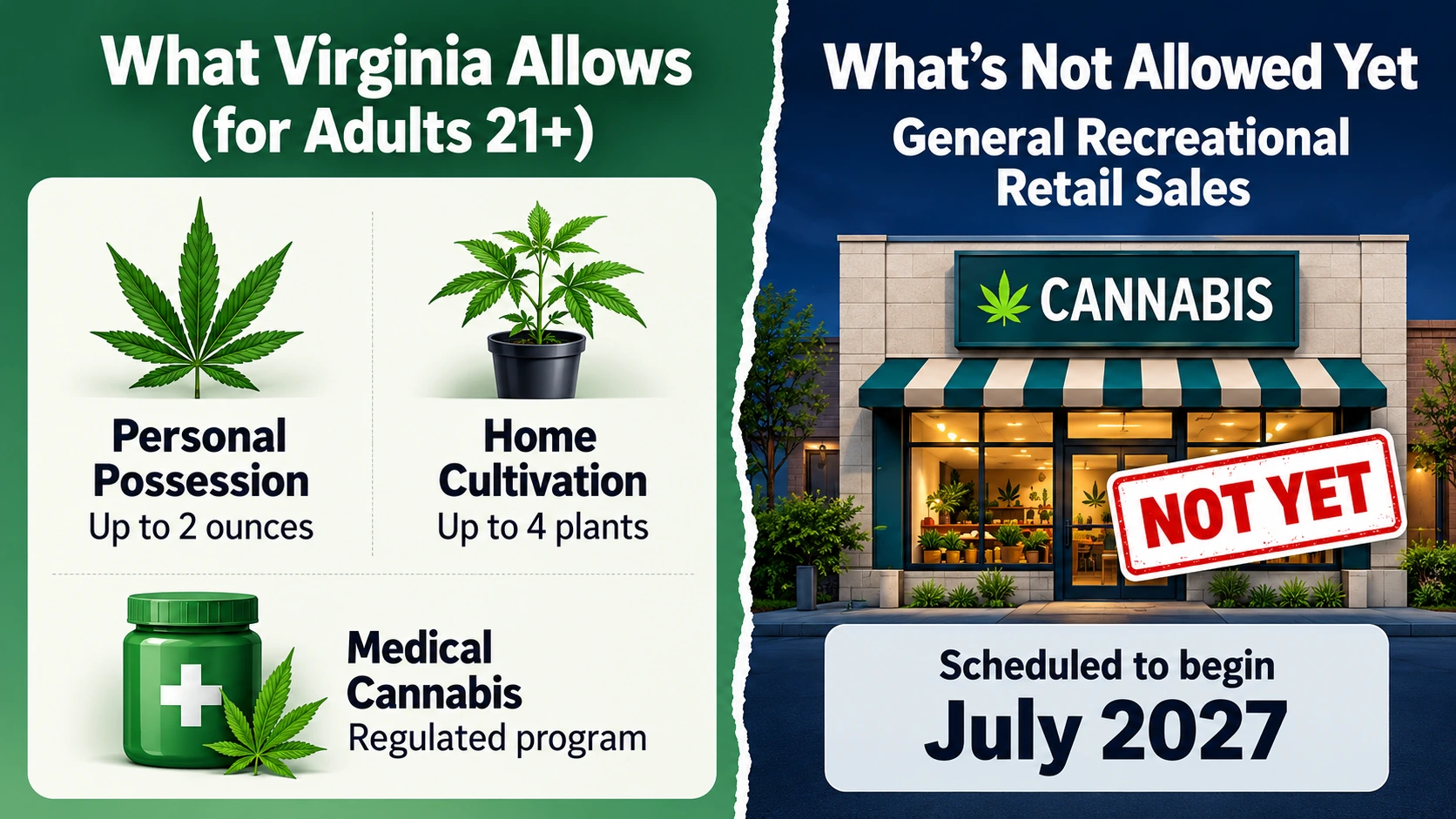 Infographic comparing legal marijuana possession, home cultivation, medical cannabis sales, and prohibited recreational retail sales in Virginia