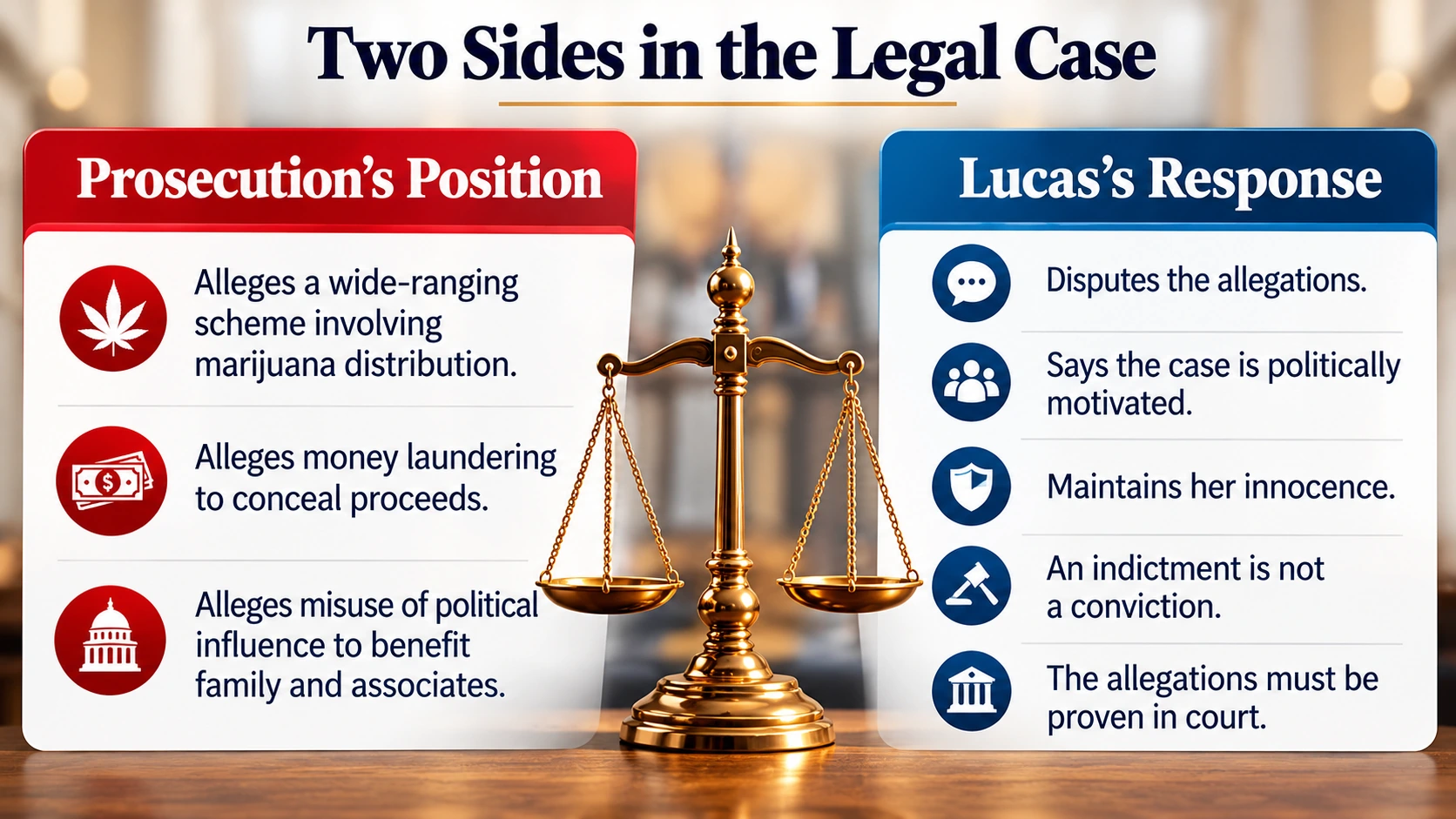 Balanced editorial infographic comparing federal prosecutors' allegations with Virginia Senator Louise Lucas's objections to the prosecution