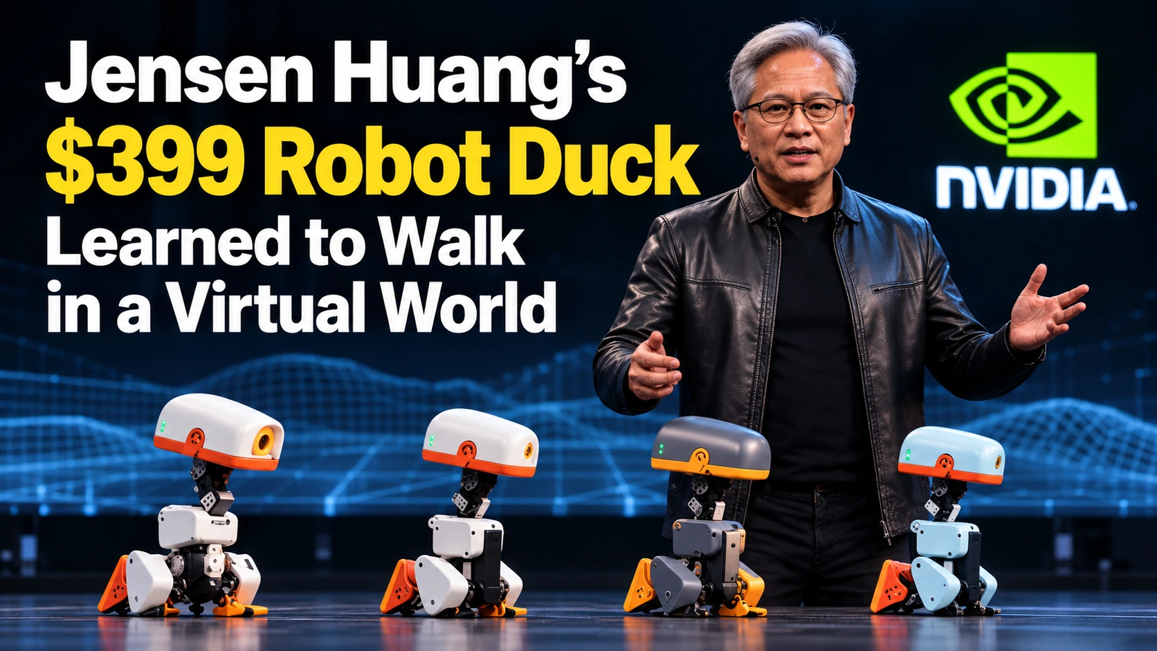 Editorial illustration of Jensen Huang beside four small duck-shaped robots with a translucent virtual robot simulation behind them
