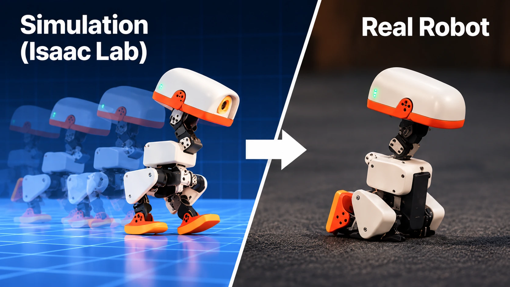 Split-screen illustration comparing idealized virtual walking with real-world robot challenges such as friction, motor delay, and uneven flooring