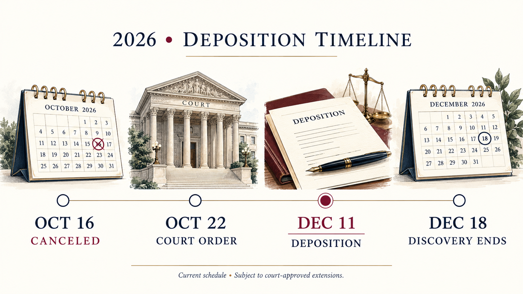 Timeline showing the canceled October 16 deposition, the October 22 court order, and the December 11 and December 18 deadlines