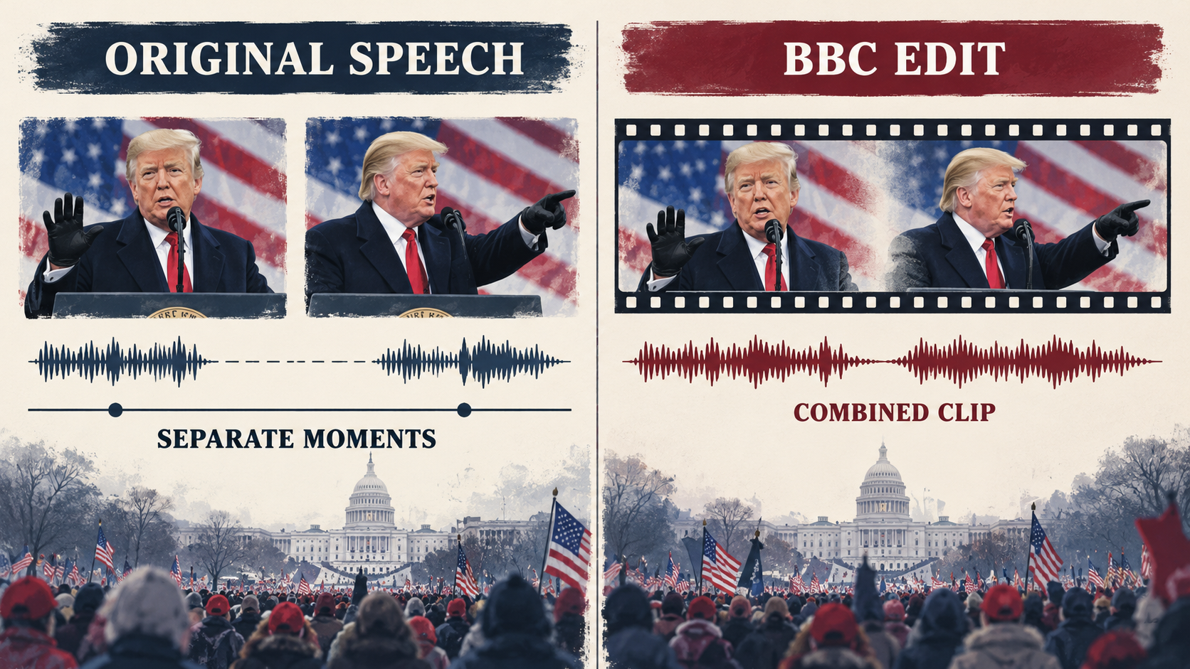 Comparison illustrating how separate portions of Trump's January 6 speech were joined in a BBC documentary edit