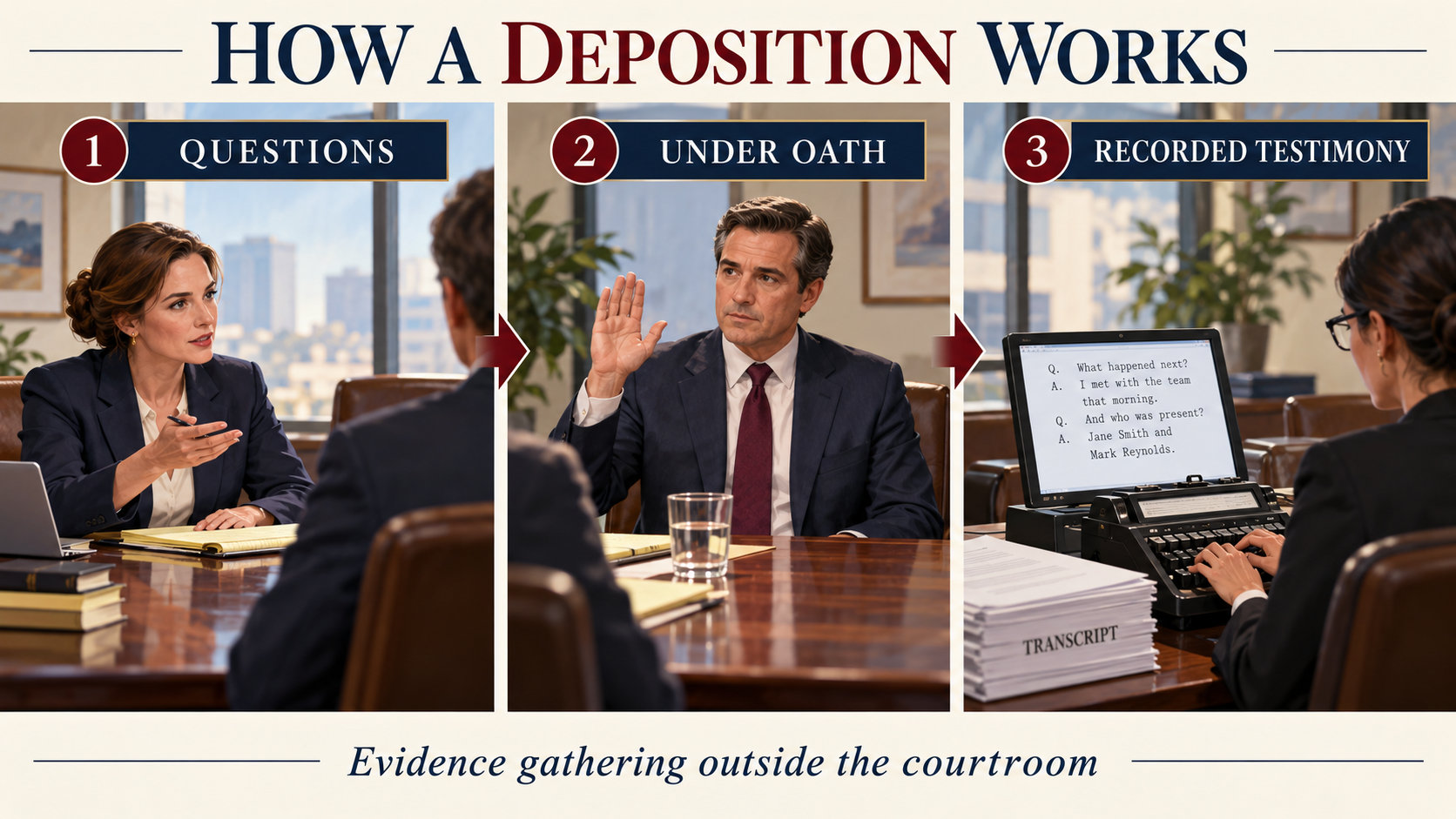 Diagram explaining how a civil deposition allows attorneys to question a party under oath outside the courtroom