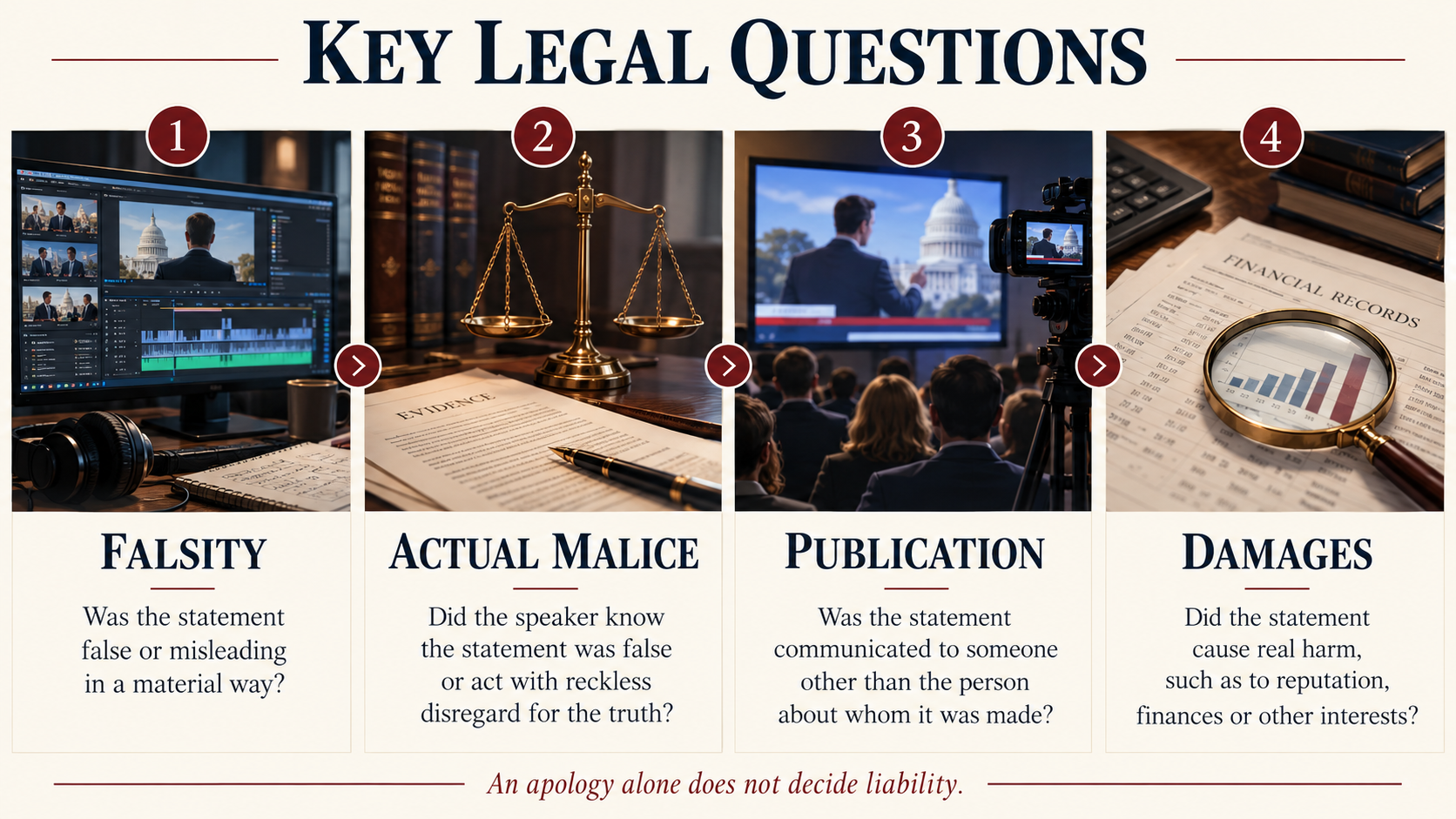 Infographic showing the legal questions of falsity, actual malice, publication, and damages in Trump's BBC defamation lawsuit