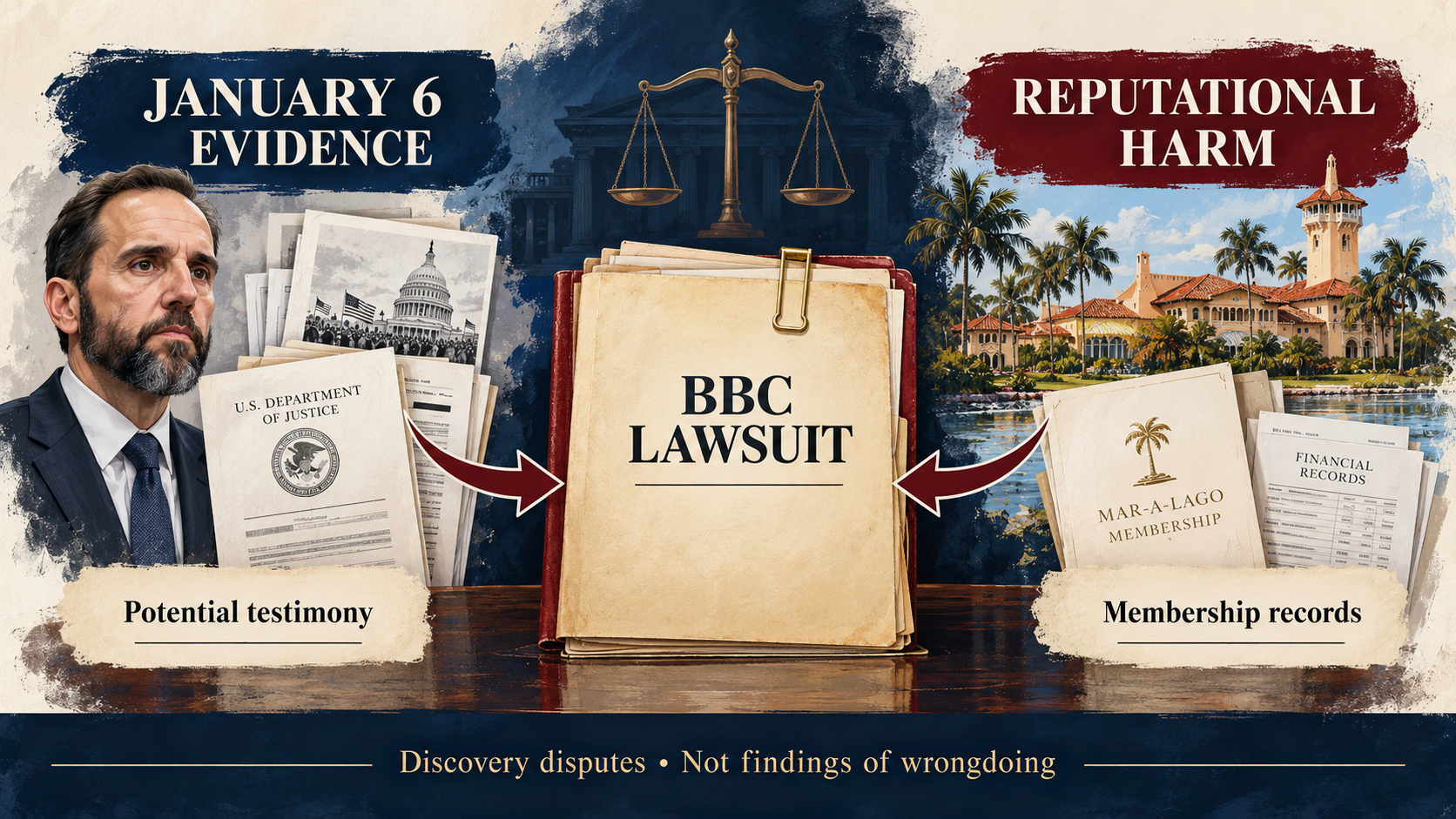 Diagram showing how testimony about January 6 and financial records could relate to the BBC's defense against Trump's lawsuit