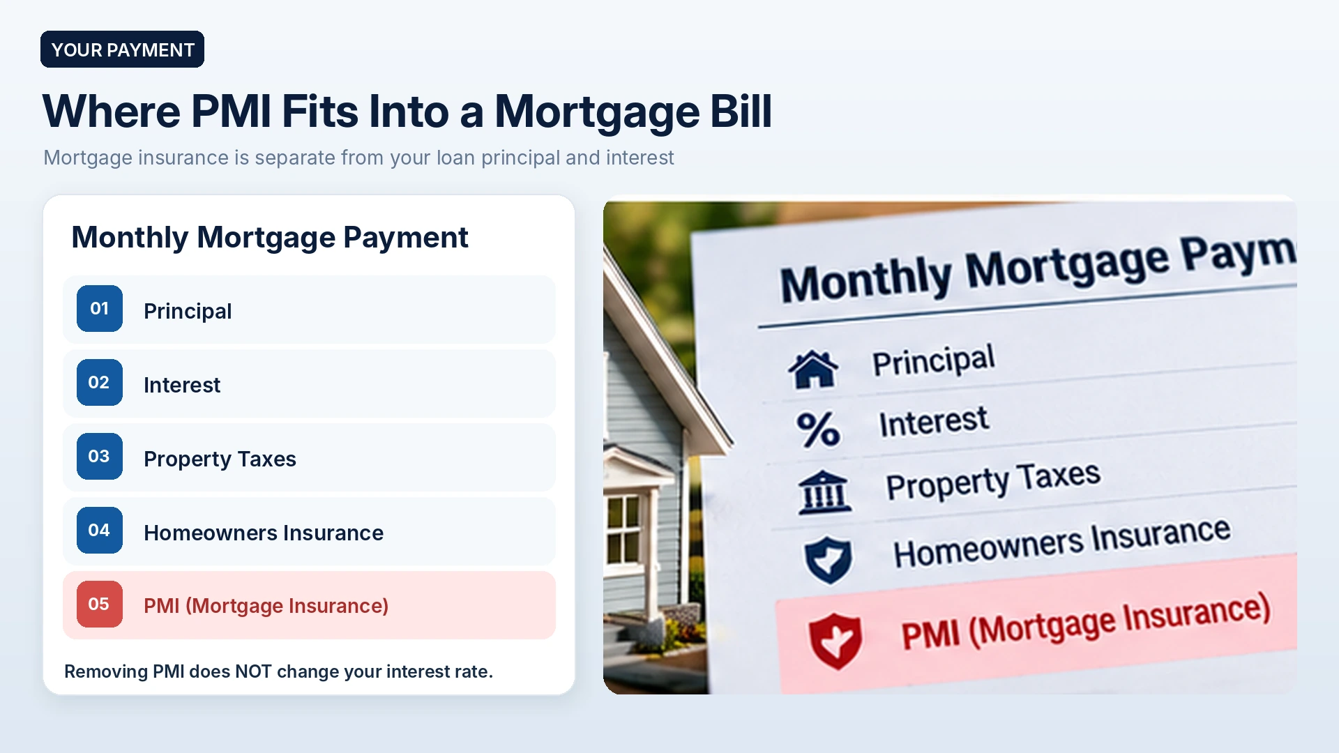 Mortgage payment breakdown showing principal, interest, property taxes, homeowners insurance, and a potentially removable PMI charge