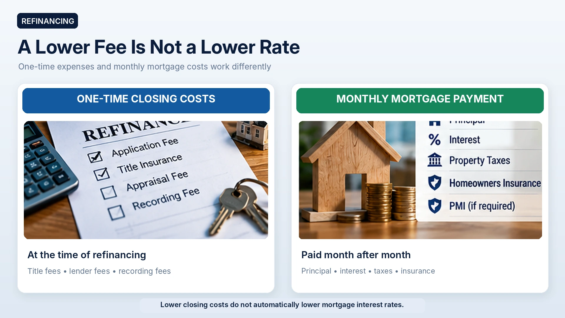 Side-by-side infographic distinguishing one-time mortgage refinancing closing costs from ongoing monthly principal and interest payments