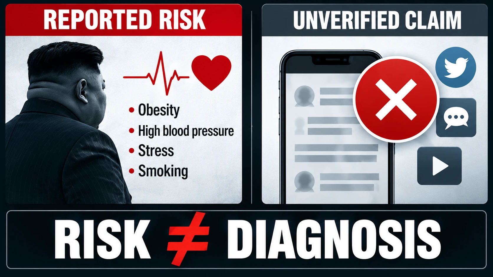 Infographic contrasting South Korean intelligence assessments of Kim Jong Un's cardiovascular risk with unverified reports of a recent medical emergency