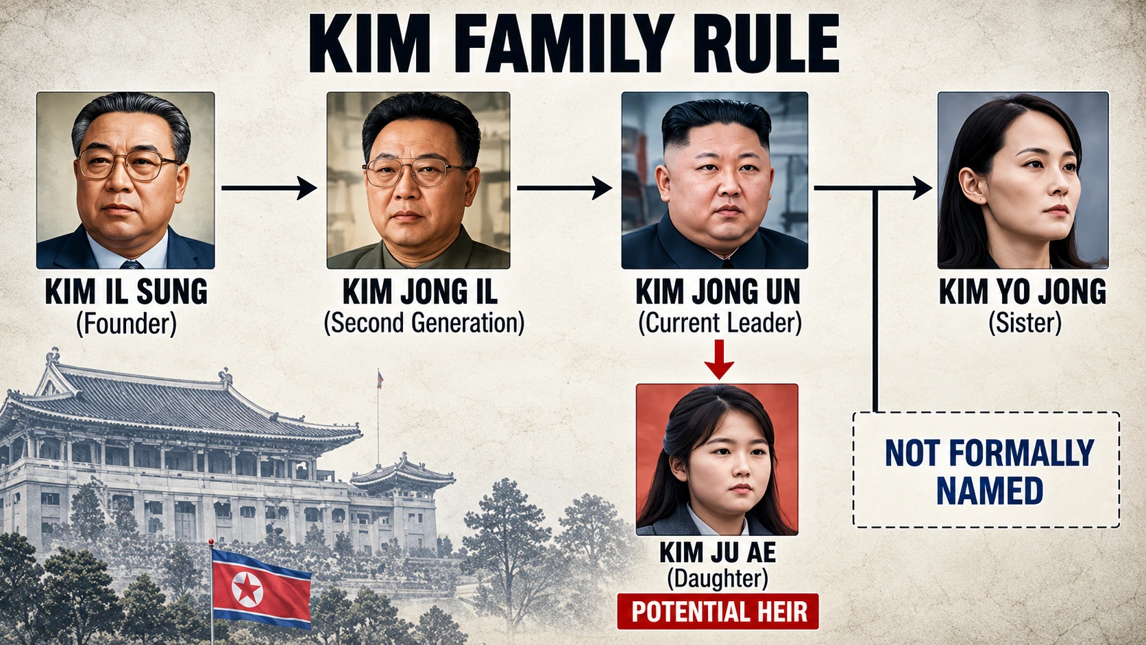 Family succession diagram showing Kim Il Sung, Kim Jong Il, Kim Jong Un, Kim Ju Ae, and Kim Yo Jong with distinctions between confirmed past rulers and potential successors
