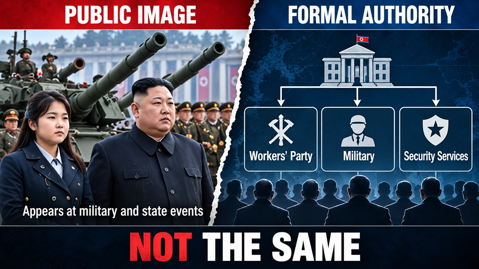 Editorial illustration showing the symbolic military appearances of Kim Ju Ae beside her father, contrasted with the institutional authority she has not formally acquired