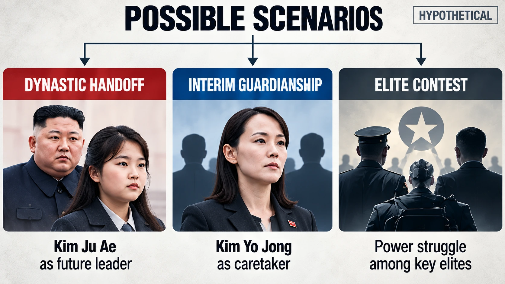 Scenario diagram comparing a prepared dynastic transition, interim guardianship, and a contested power arrangement in North Korea