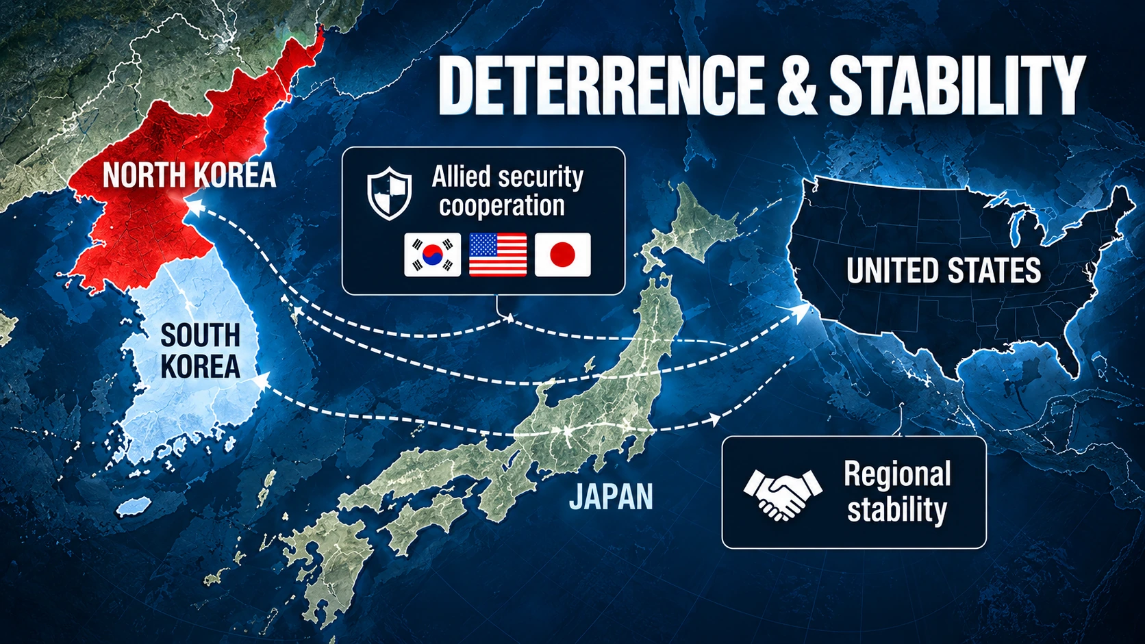 Map-based editorial infographic showing North Korea, South Korea, Japan, and the United States in relation to nuclear deterrence and regional security
