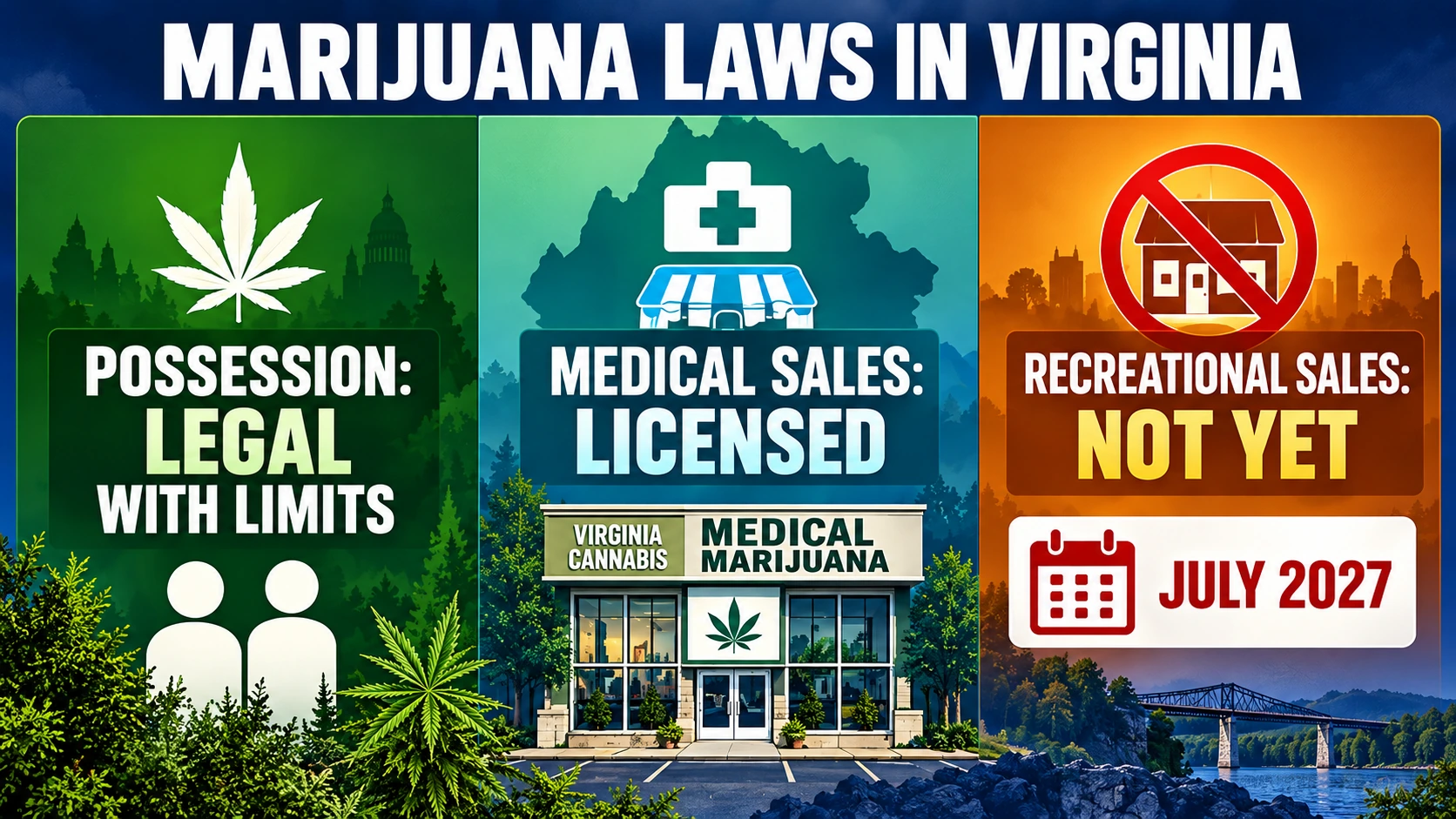 Comparison infographic showing limited legal marijuana possession, licensed medical sales, prohibited recreational retail sales, and the planned July 2027 retail launch in Virginia