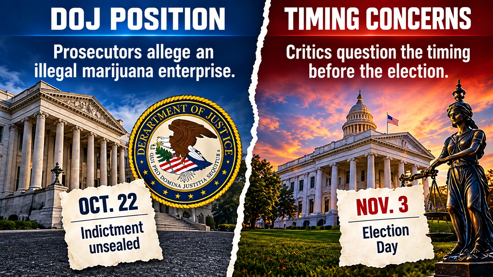 Neutral comparison infographic showing the federal government's prosecution claims and concerns raised by Louise Lucas and Virginia officials about the timing of the indictment