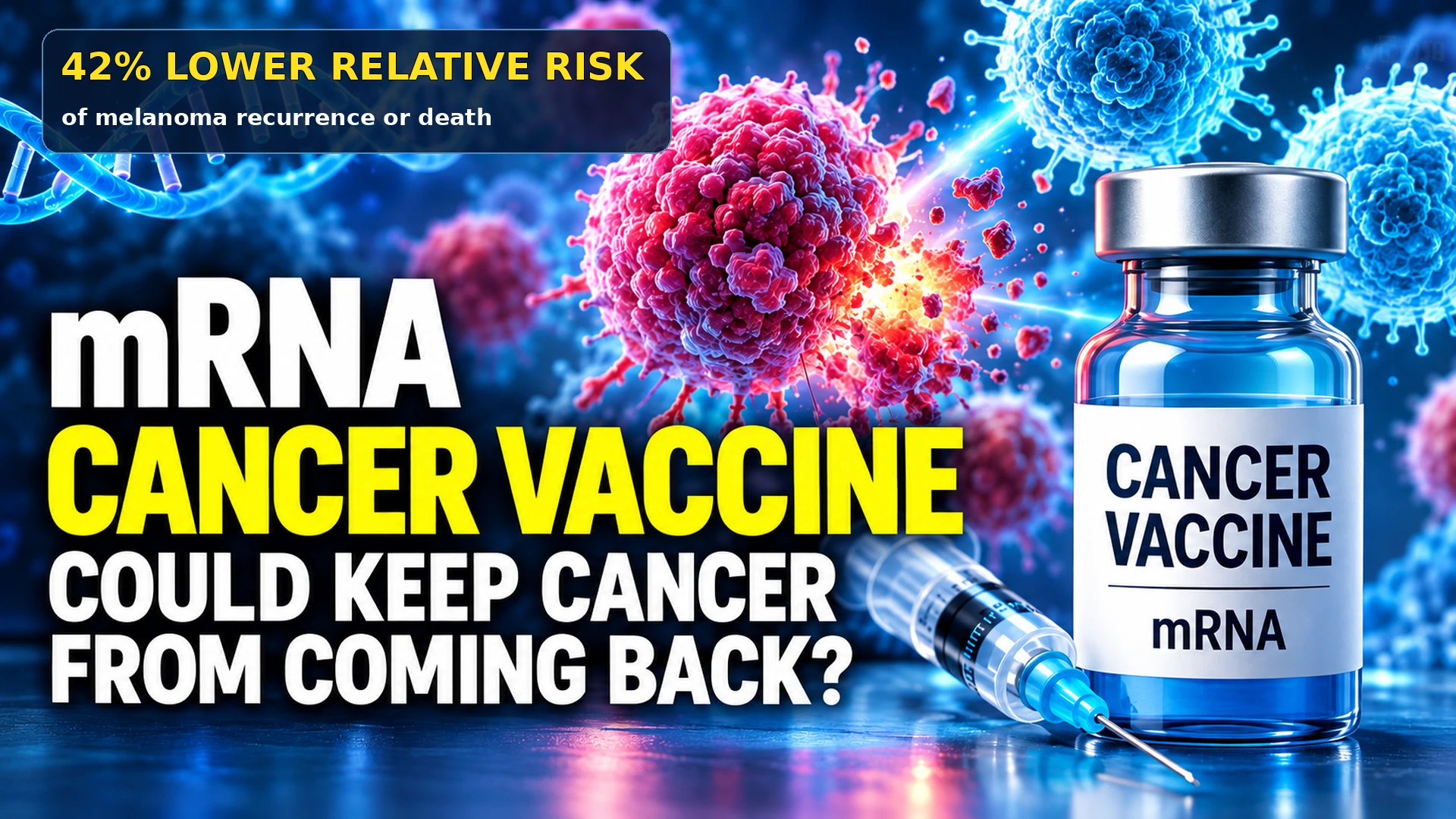 Editorial illustration of a personalized mRNA cancer vaccine targeting melanoma cells, with a prominent 42% reduction in recurrence or death risk