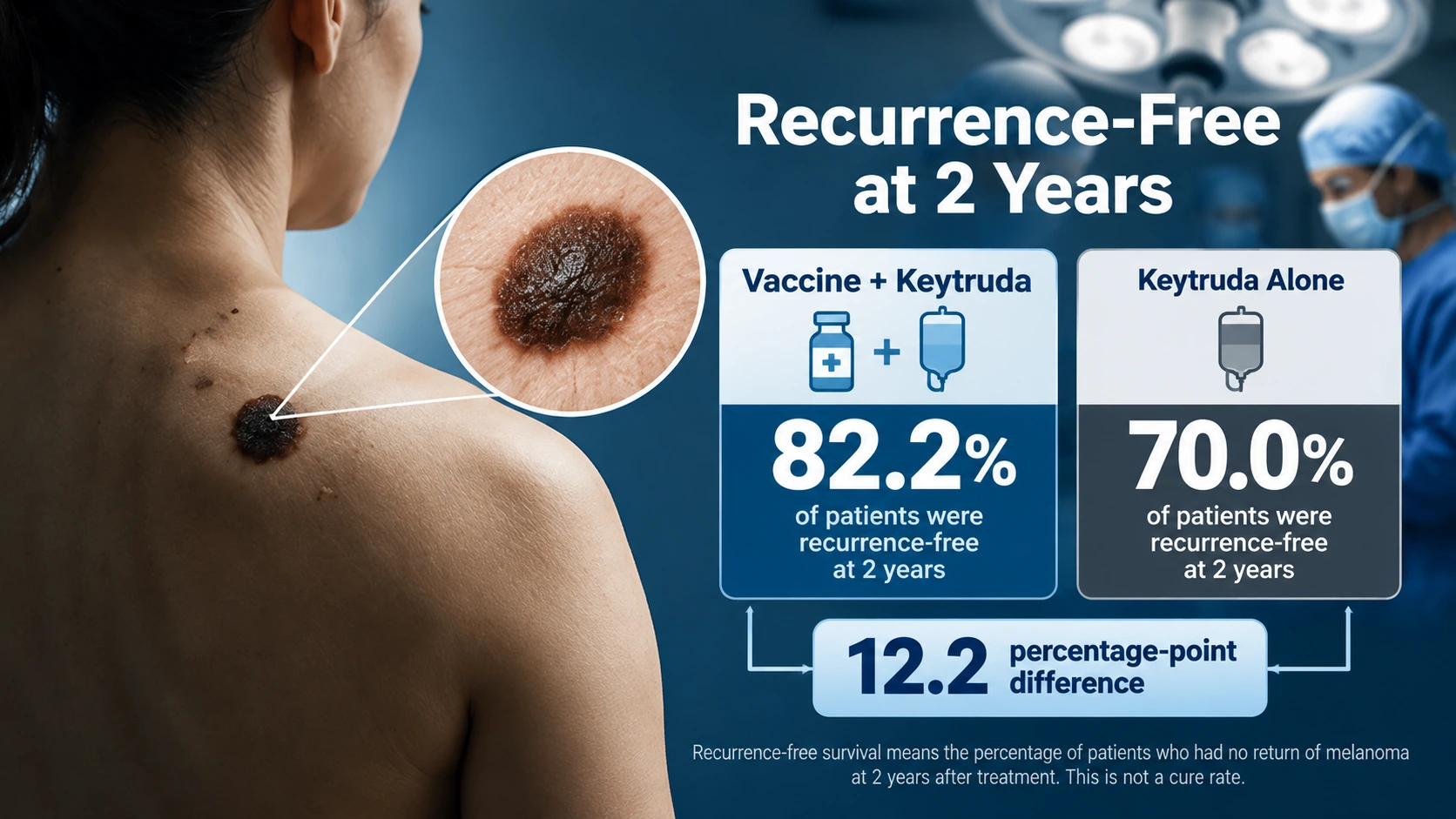 Infographic comparing two-year recurrence-free survival rates of 82.2% with the cancer vaccine and Keytruda versus 70.0% with Keytruda alone